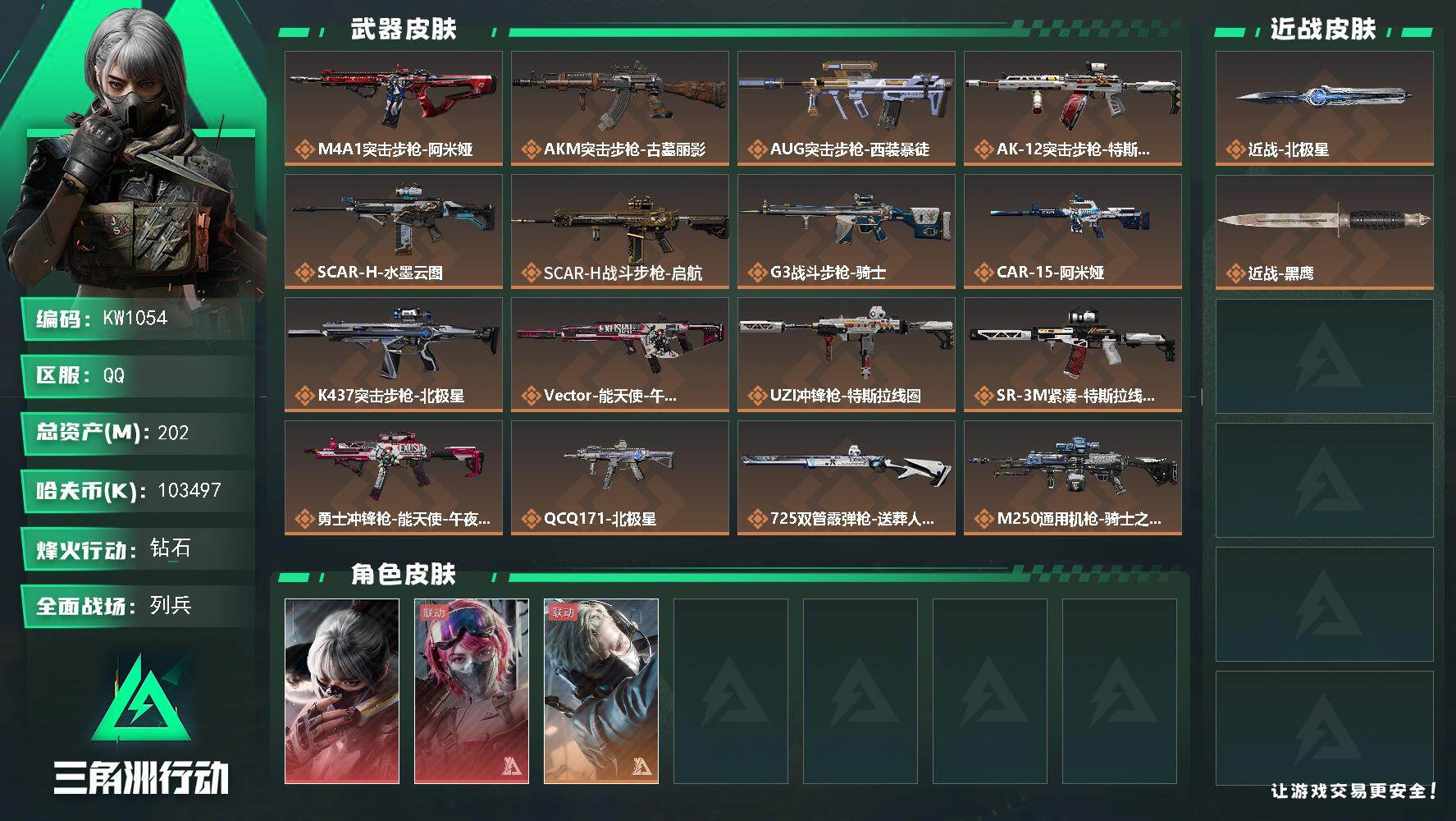 三角洲行动账号QQ【KW1054】总资产202M/哈夫币10349万/传说近战数1/干员外观数3/传说枪皮数16/战场等级11/行动等级60/安全箱等时效性道具以游戏内数据为准，详情请看图/骇爪-水墨云图/蛊-能天使