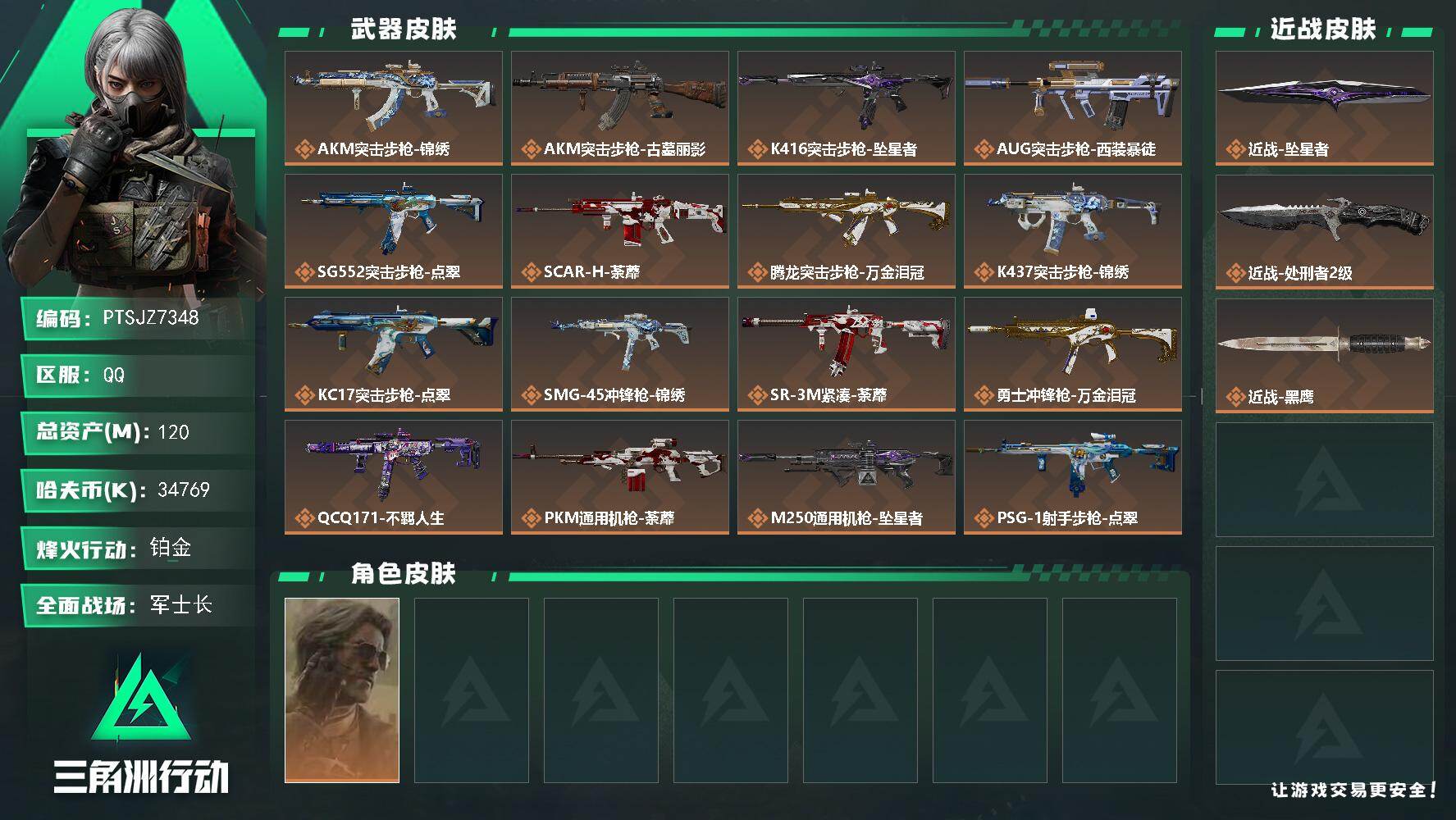 三角洲行动账号QQ【PTSJZ7348】总资产120M/哈夫币3476万/传说近战数2/干员外观数1/传说枪皮数17/