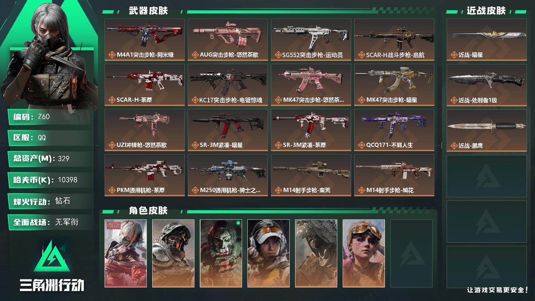 三角洲行动账号QQ【Z60】总资产329M/哈夫币1039万/传说近战数2/干员外观数6/传说枪皮数20/战场等级5/行动等级60/安全箱等时效性道具以游戏内数据为准，详情请看图/骇爪-维什戴尔/深蓝-不破誓约/红狼