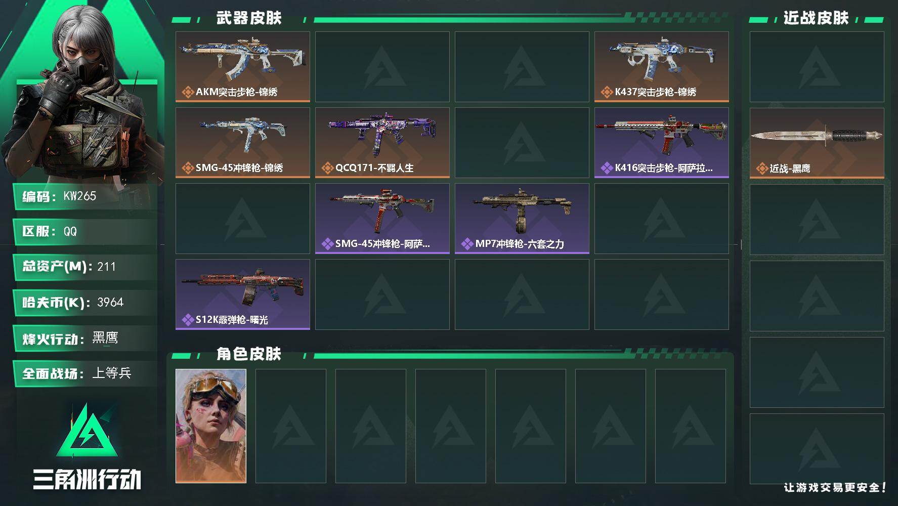 三角洲行动账号QQ【KW265】总资产211M/哈夫币396万/传说近战数1/干员外观数1/传说枪皮数7/战场等级14/行动等级60/安全箱等时效性道具以游戏内数据为准，详情请看图/蛊-不羁人生/近战-坠星者/近战-