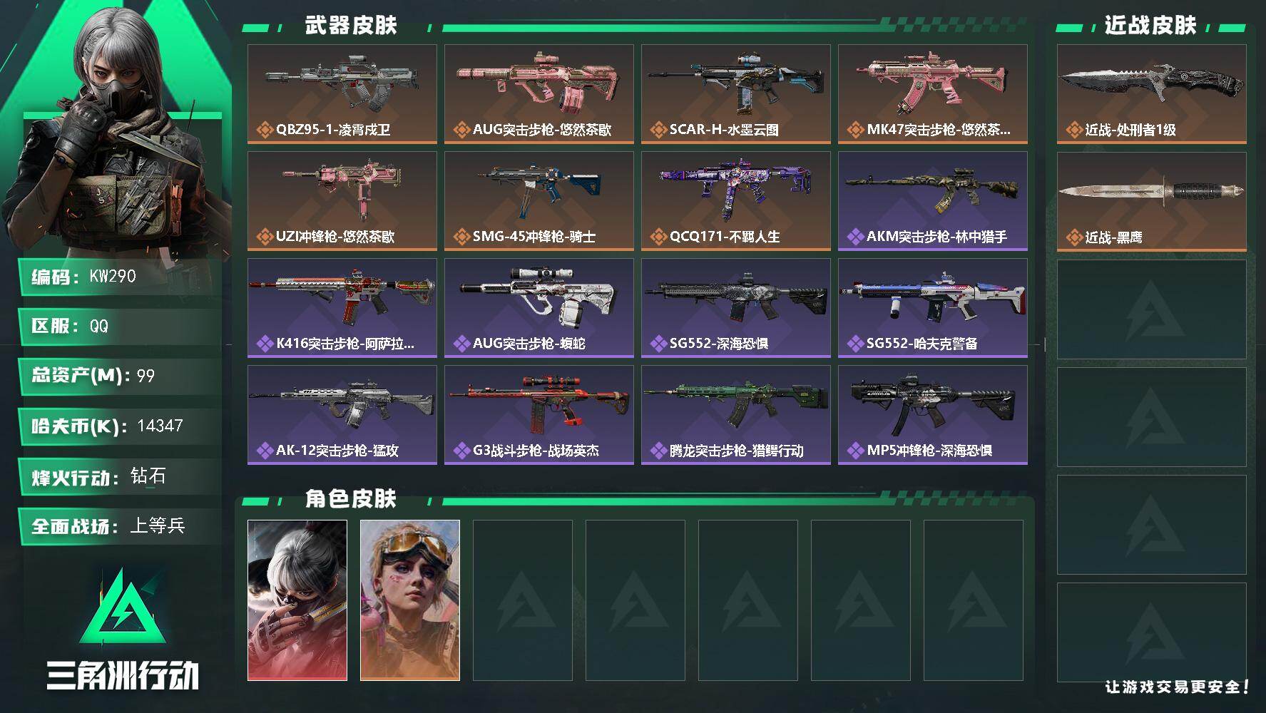 三角洲行动账号QQ【KW290】总资产99M/哈夫币1434万/传说近战数1/干员外观数2/传说枪皮数7/战场等级32/行动等级60/安全箱等时效性道具以游戏内数据为准，详情请看图/骇爪-水墨云图/蛊-不羁人生/近战