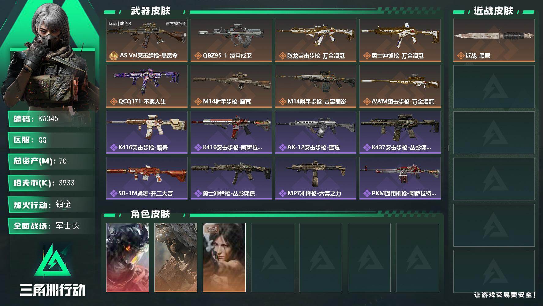 三角洲行动账号QQ【KW345】总资产70M/哈夫币393万/干员外观数3/典藏外观数1/传说枪皮数8/战场等级31/行动等级60/安全箱等时效性道具以游戏内数据为准，详情请看图/威龙-凌霄戍卫/乌鲁鲁-荒原猎手/露