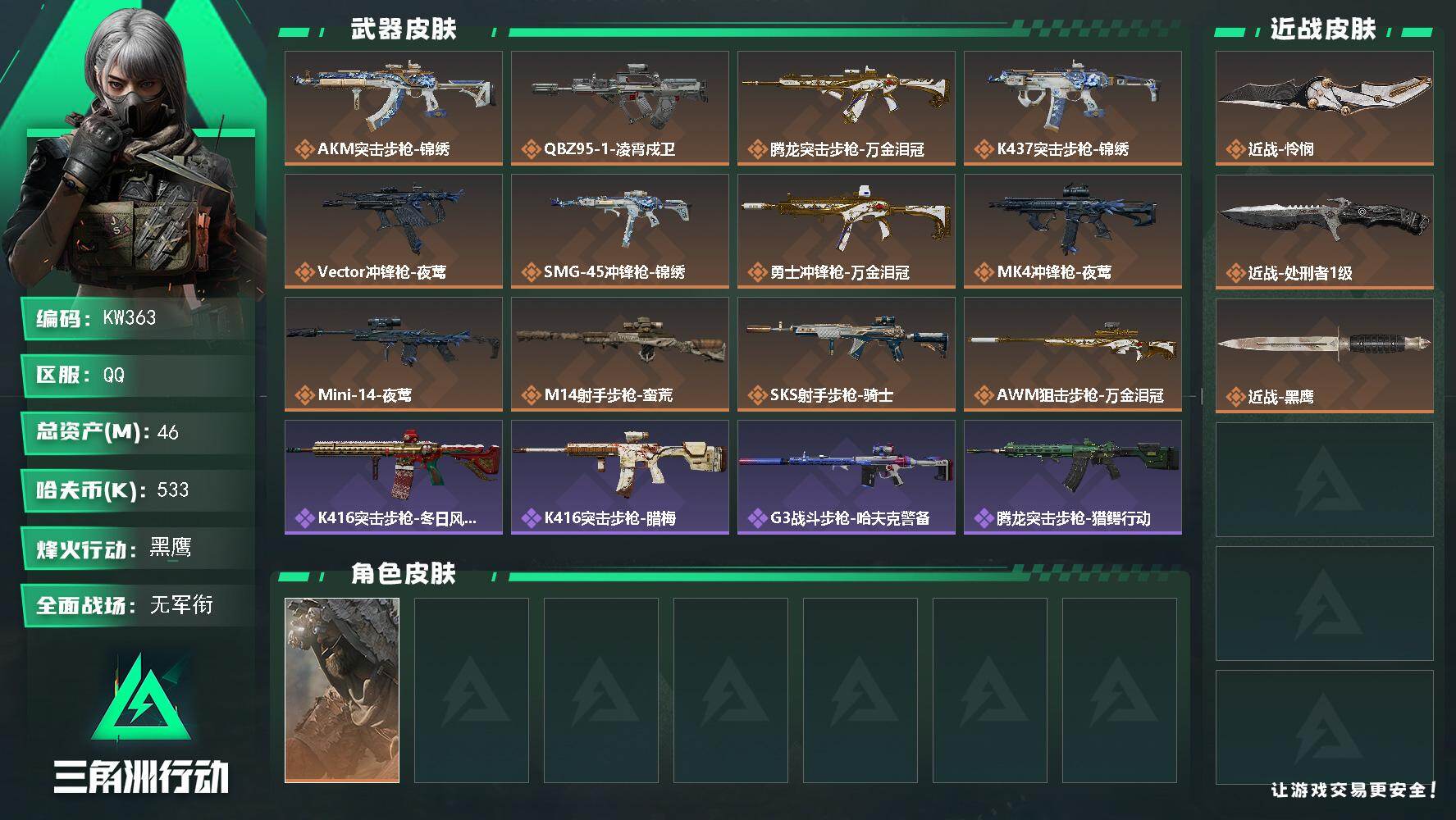 三角洲行动账号QQ【KW363】总资产46M/哈夫币53万/传说近战数2/干员外观数1/传说枪皮数12/战场等级1/行动等级60/安全箱等时效性道具以游戏内数据为准，详情请看图/乌鲁鲁-荒原猎手/近战-怜悯/近战-处