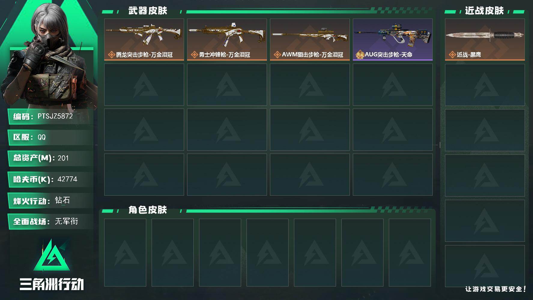 三角洲行动账号QQ【PTSJZ5872】总资产201M/哈夫币4277万/传说枪皮数3/战场等级1/行动等级60/安全