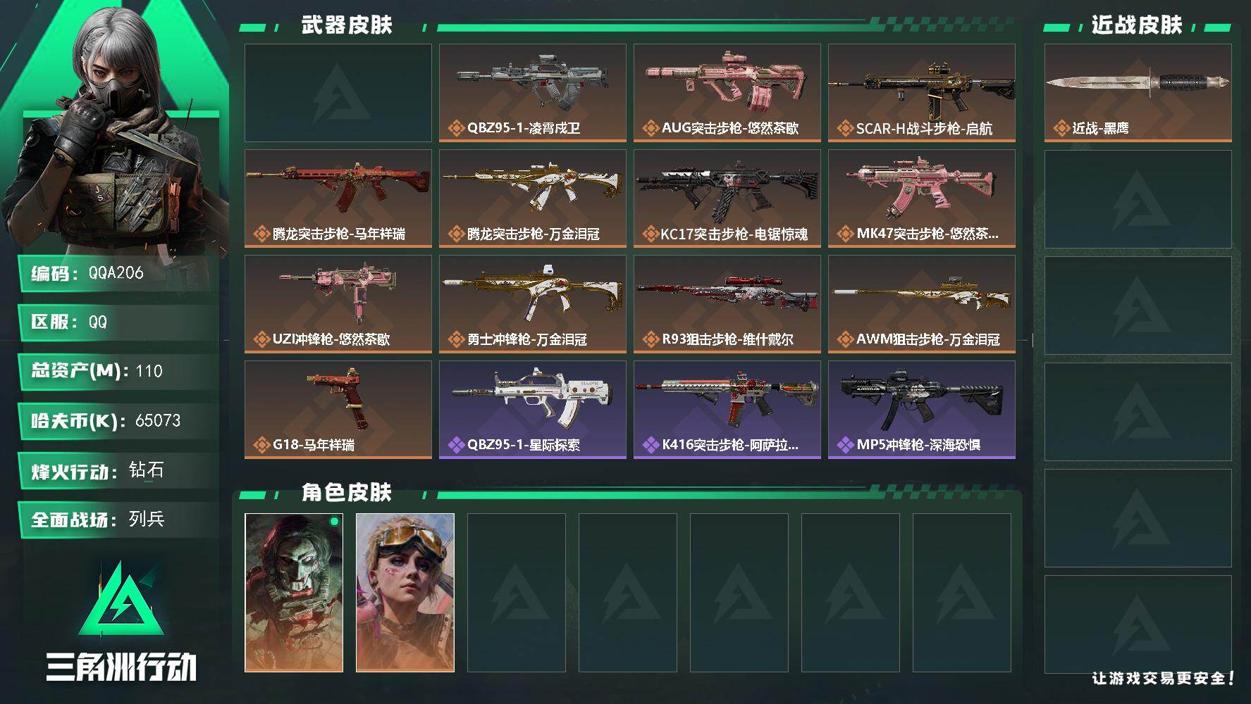 三角洲行动账号QQQQA206/QQ区【鼠鼠跑刀号】【8仓库6体6负】【110M总资产/65073K纯币】+20发AW