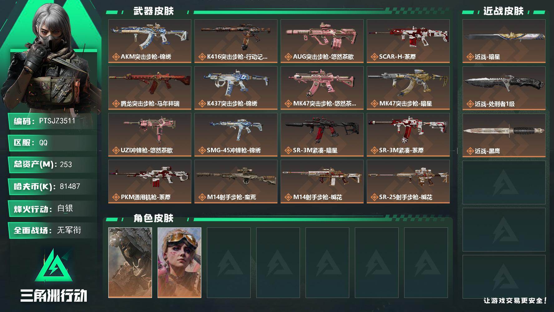 三角洲行动账号QQ【PTSJZ3511】总资产253M/哈夫币8148万/传说近战数1/传说枪皮数18/战场等级4/行