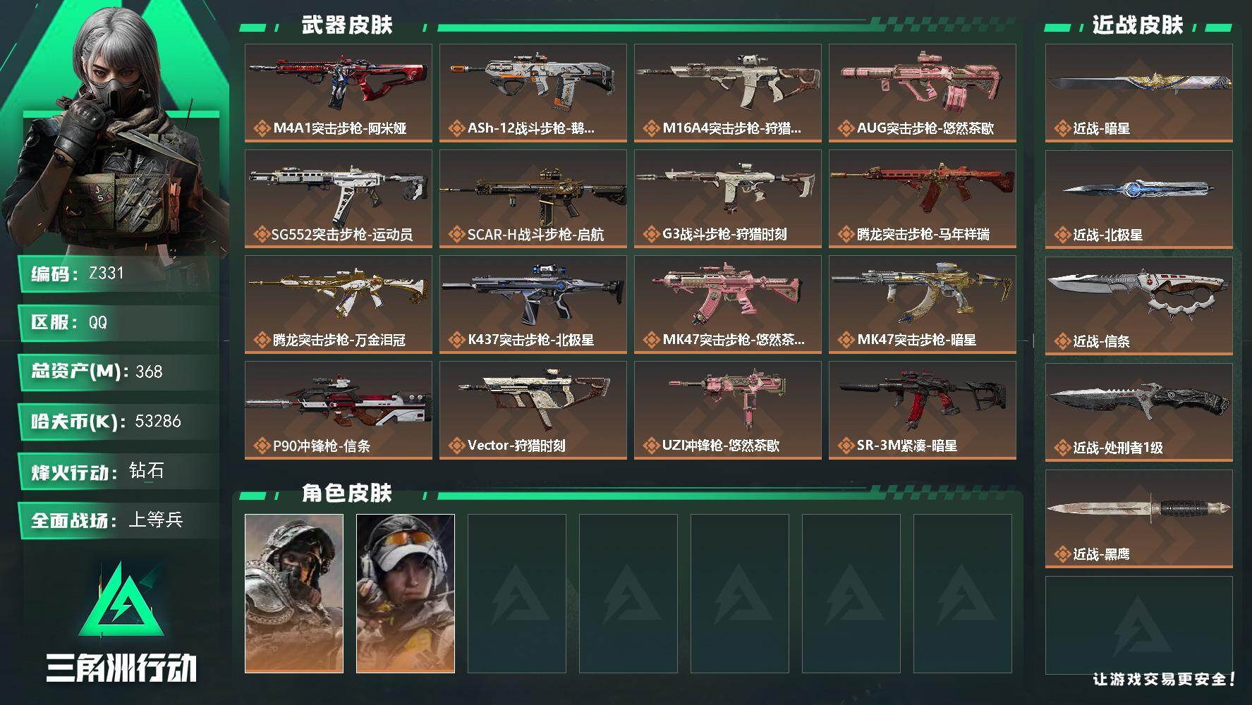 三角洲行动账号QQ【Z331】总资产368M/哈夫币5328万/传说近战数4/干员外观数2/传说枪皮数28/战场等级50/行动等级60/安全箱等时效性道具以游戏内数据为准，详情请看图/深蓝-不破誓约/露娜-金牌射手/