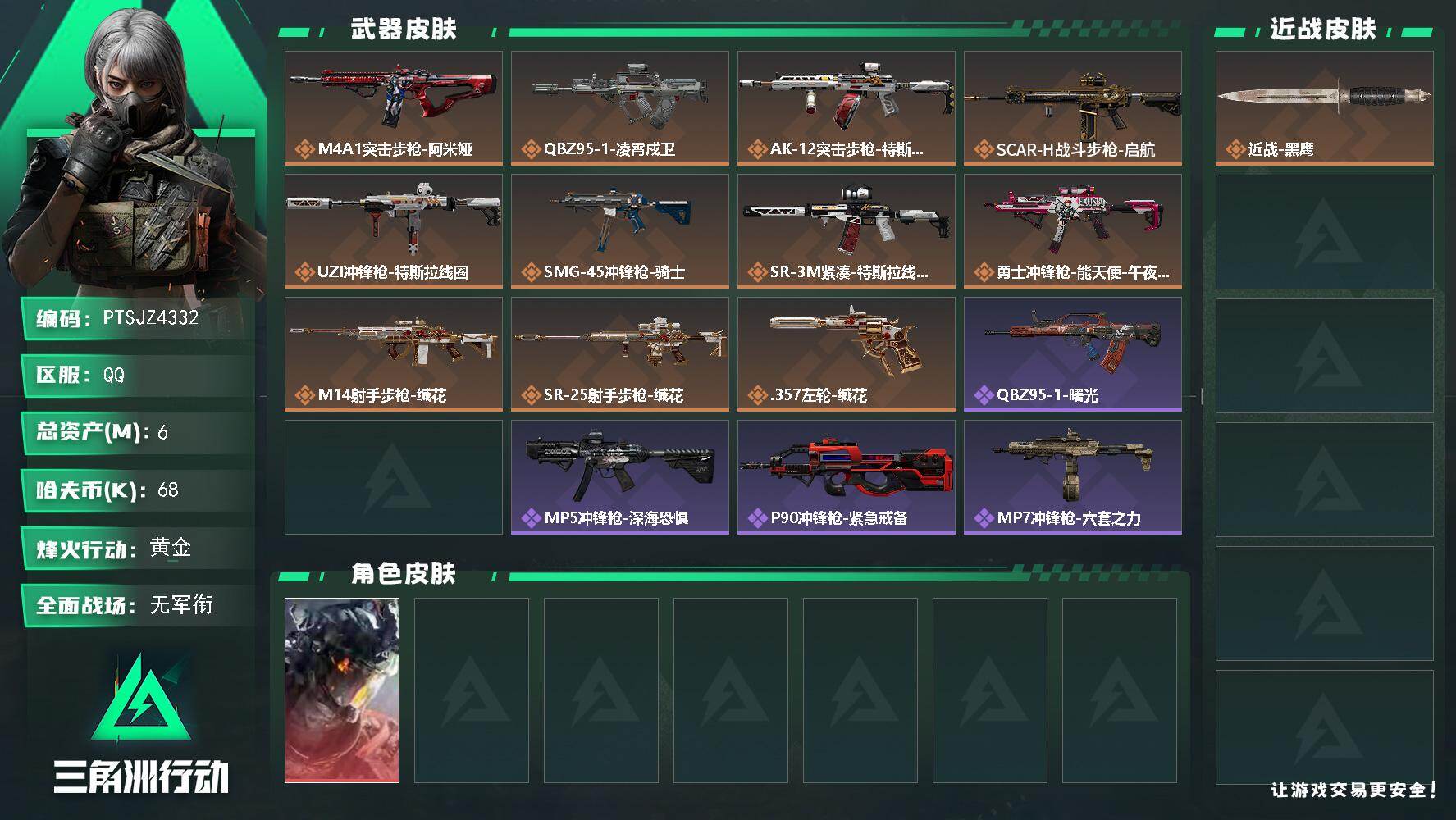 三角洲行动账号QQ【PTSJZ4332】总资产6M/哈夫币6万/传说枪皮数11/战场等级5/行动等级36/安全箱等时效