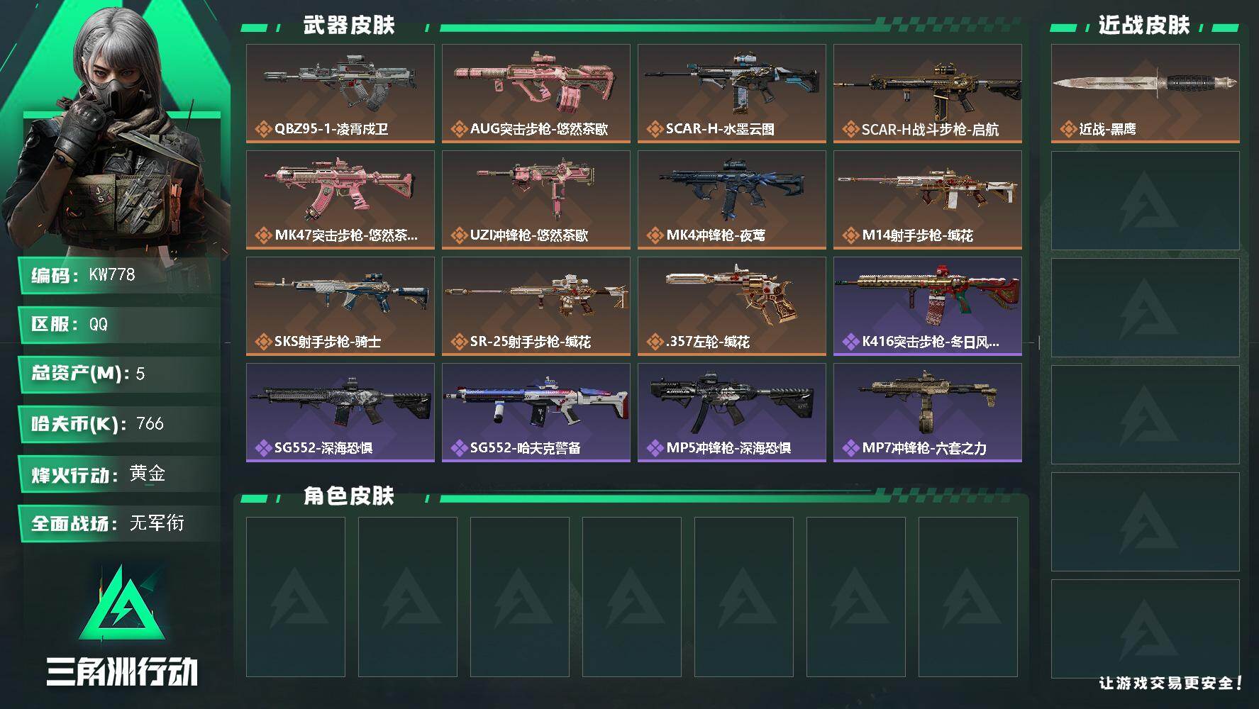三角洲行动账号QQ【KW778】总资产5M/哈夫币76万/传说枪皮数11/战场等级1/行动等级47/安全箱等时效性道具以游戏内数据为准，详情请看图/近战-黑鹰/QBZ95-1突击步枪-凌霄戍卫/AUG突击步枪-悠然茶