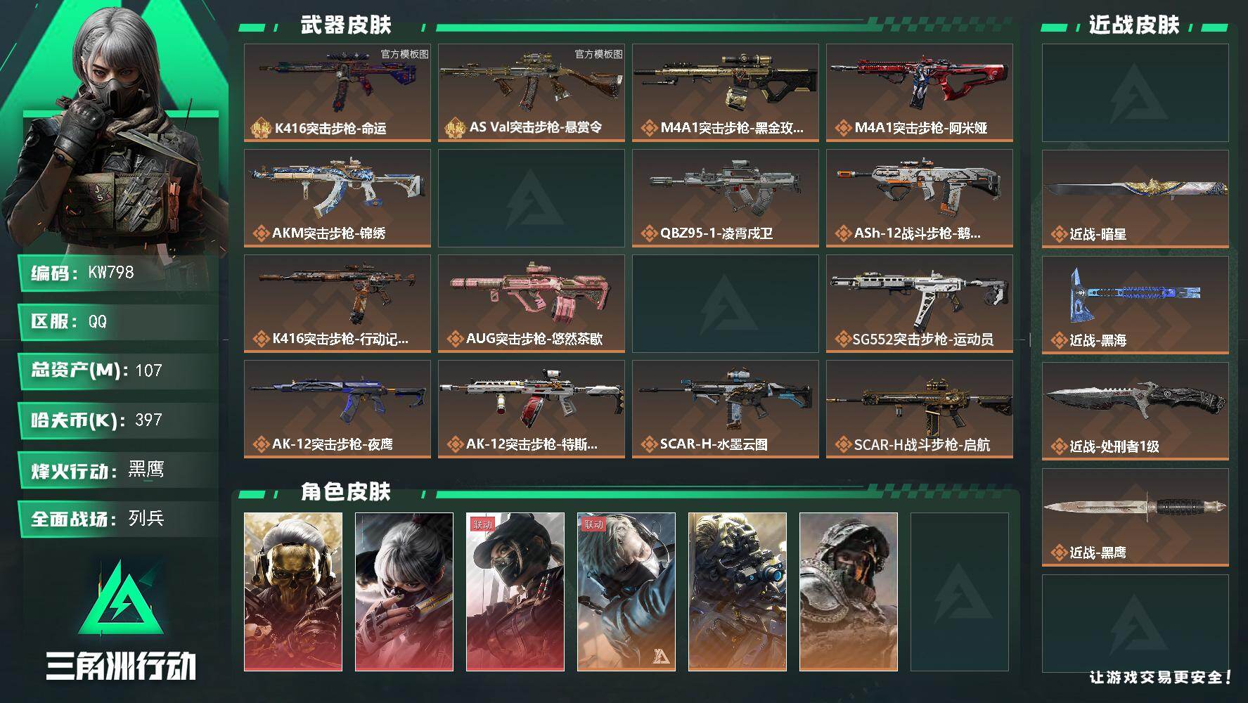 三角洲行动账号QQ【KW798】总资产107M/哈夫币39万/传说近战数4/干员外观数11/典藏外观数2/传说枪皮数48/战场等级21/行动等级60/安全箱等时效性道具以游戏内数据为准，详情请看图/红狼-蚀金玫瑰/骇