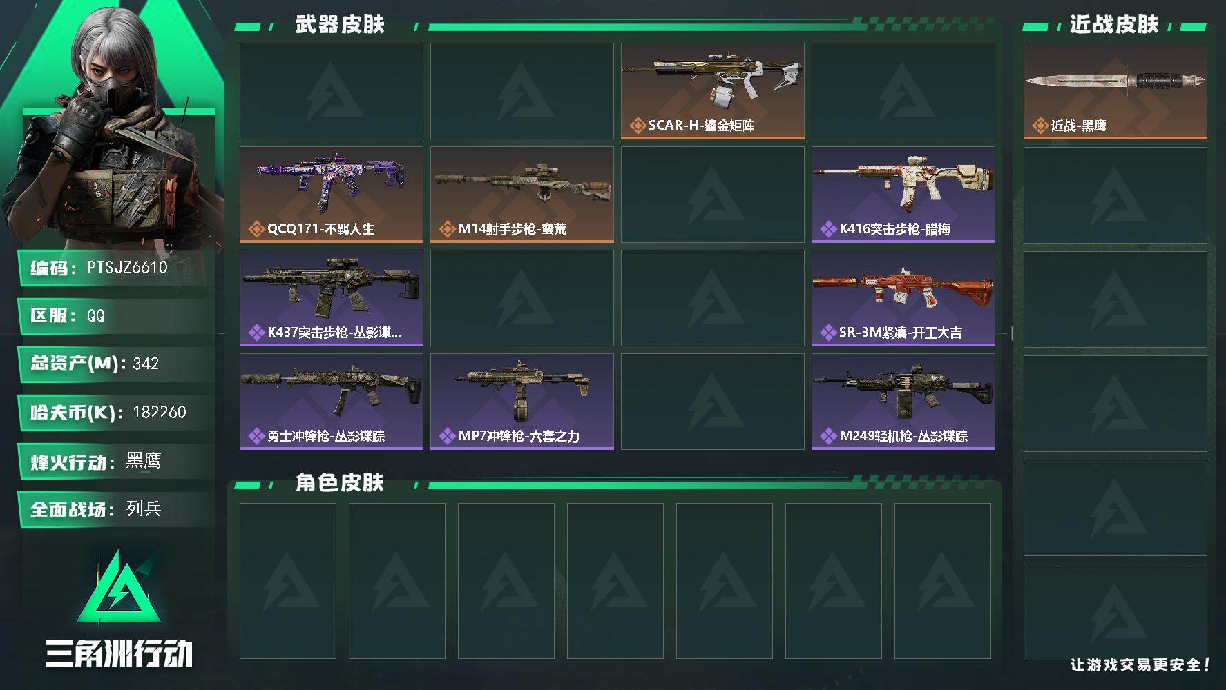 三角洲行动账号QQ【PTSJZ6610】总资产342M/哈夫币18226万/传说枪皮数7/战场等级13/行动等级60/