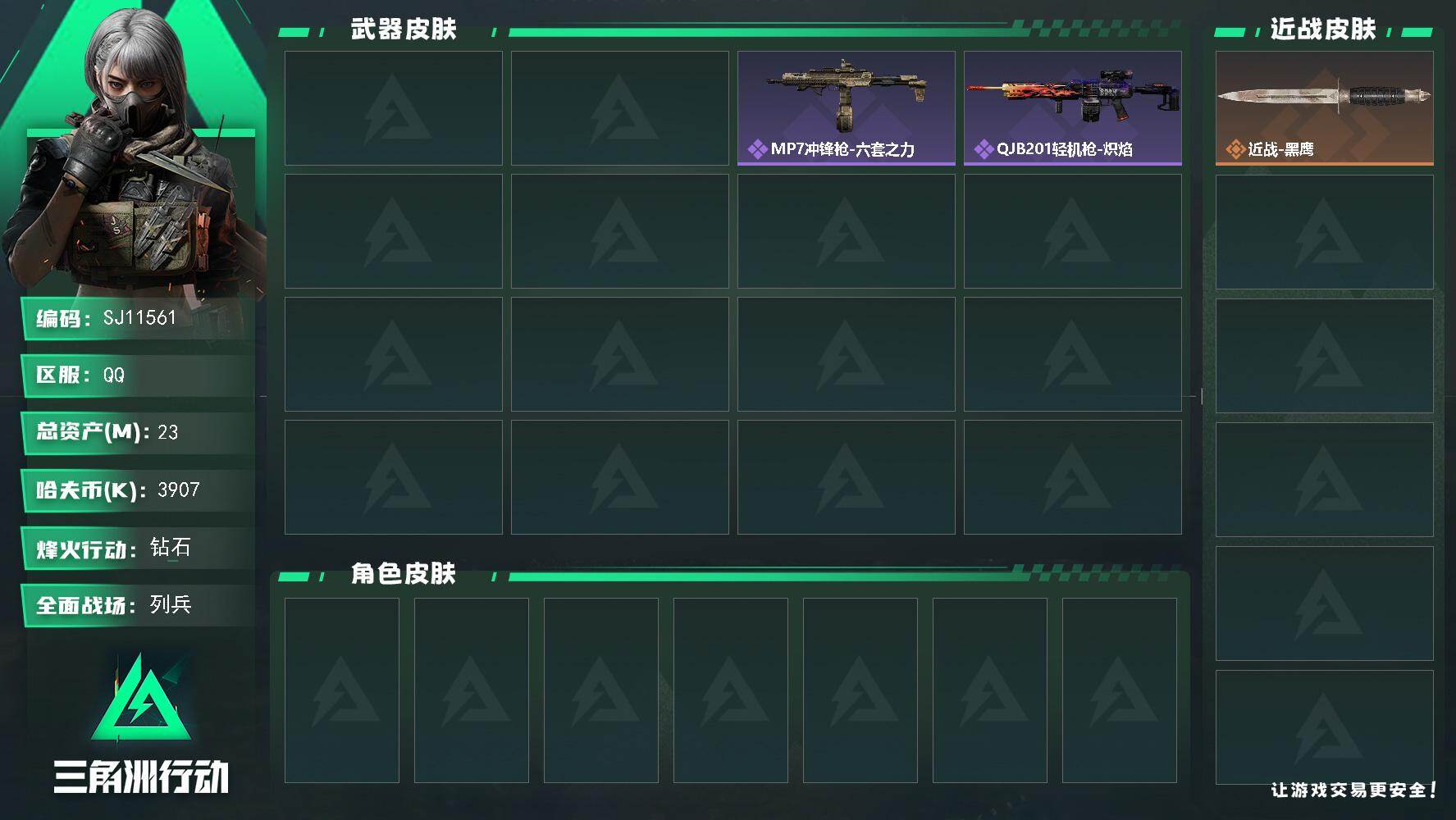 三角洲行动账号QQ【SJ11561】总资产23M/哈夫币390万/战场等级10/行动等级46/安全箱等时效性道具以游戏内数据为准，详情请看图/近战-黑鹰/AK-12突击步枪-猛攻/UZI冲锋枪-港口艺术家/MP7冲锋