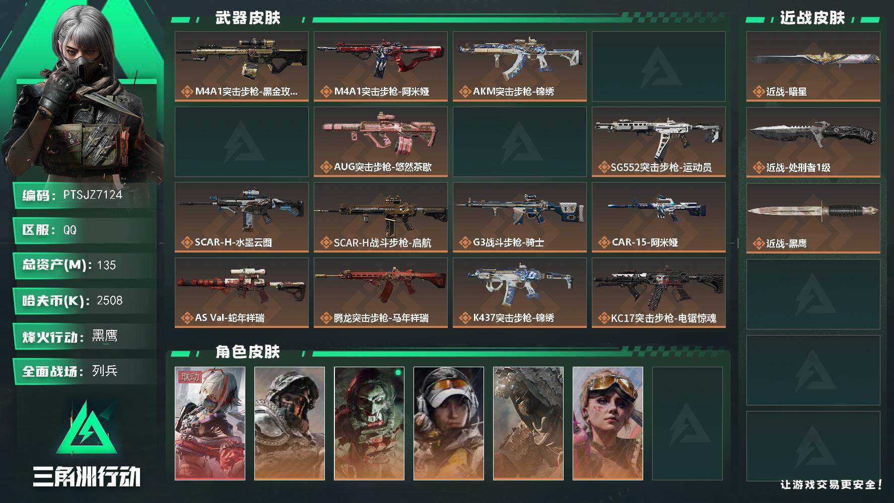 三角洲行动账号QQ【PTSJZ7124】总资产135M/哈夫币250万/传说近战数2/干员外观数7/传说枪皮数27/战