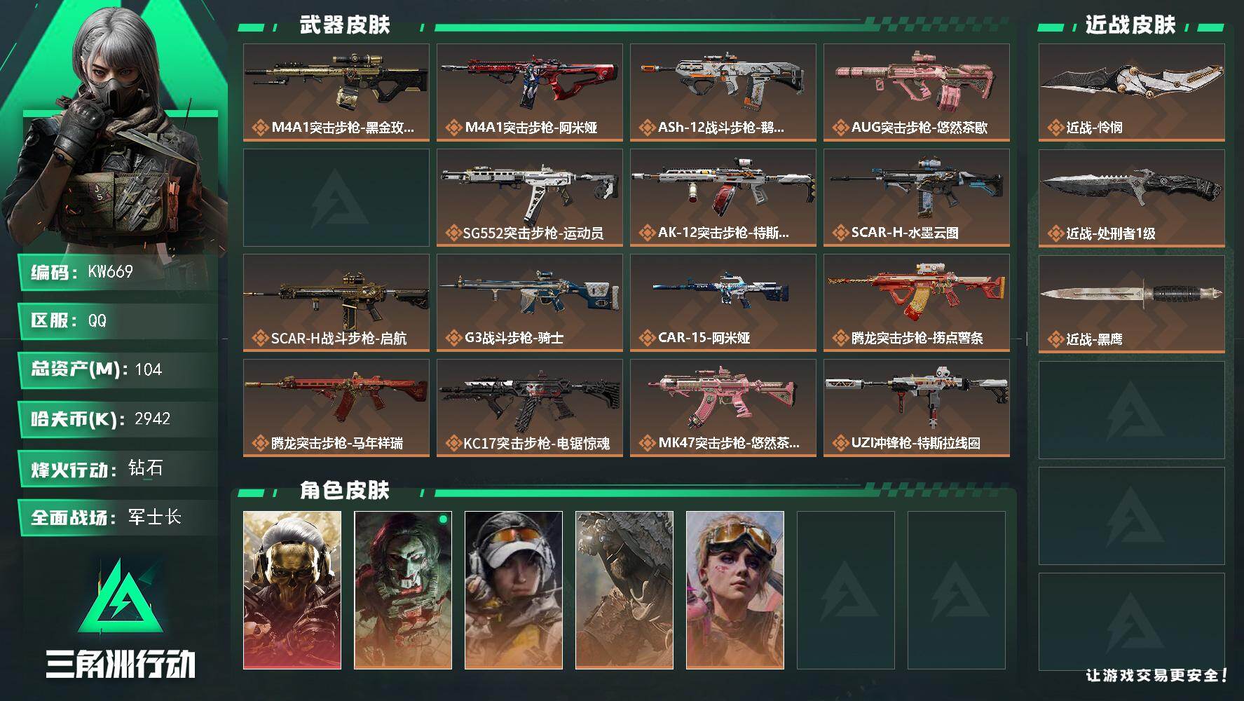 三角洲行动账号QQ【KW669】总资产104M/哈夫币294万/传说近战数2/干员外观数7/传说枪皮数31/战场等级48/行动等级60/安全箱等时效性道具以游戏内数据为准，详情请看图/红狼-蚀金玫瑰/红狼-电锯惊魂/