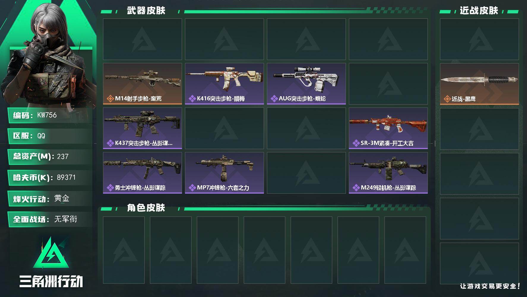 三角洲行动账号QQ【KW756】总资产237M/哈夫币8937万/传说近战数1/干员外观数1/传说枪皮数5/战场等级1/行动等级60/安全箱等时效性道具以游戏内数据为准，详情请看图/银翼-未结卷宗/近战-坠星者/近战