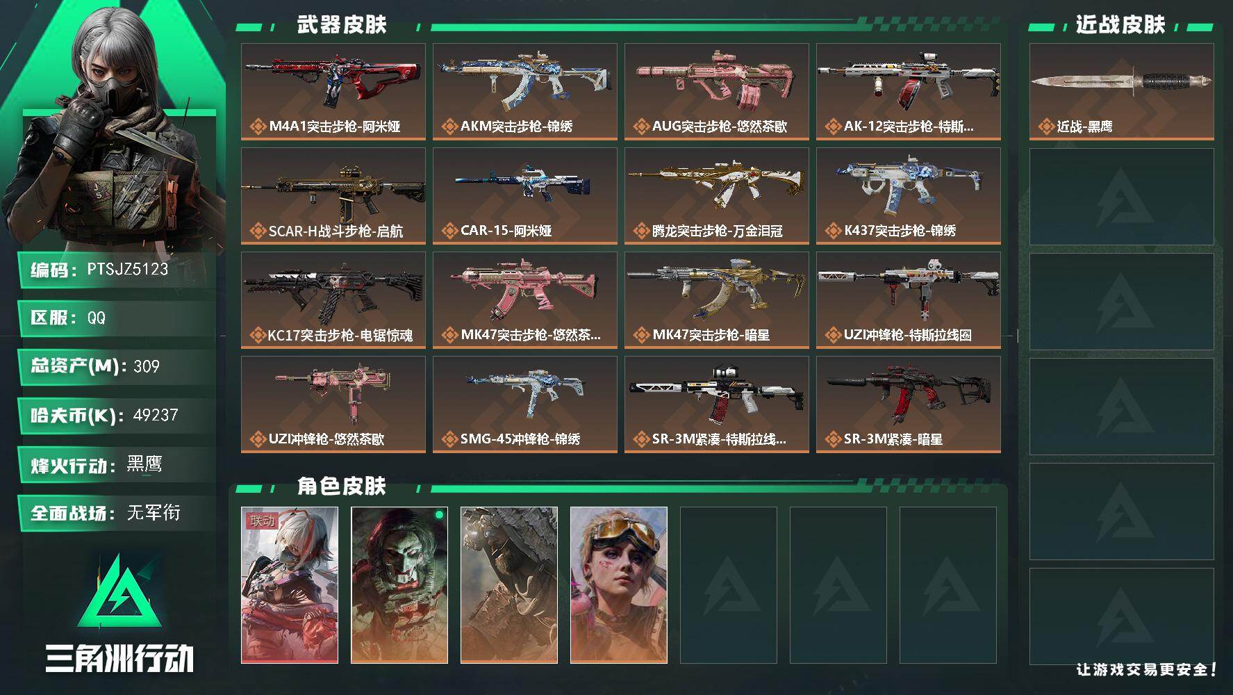 三角洲行动账号QQ【PTSJZ5123】总资产309M/哈夫币4923万/传说枪皮数24/战场等级1/行动等级60/安