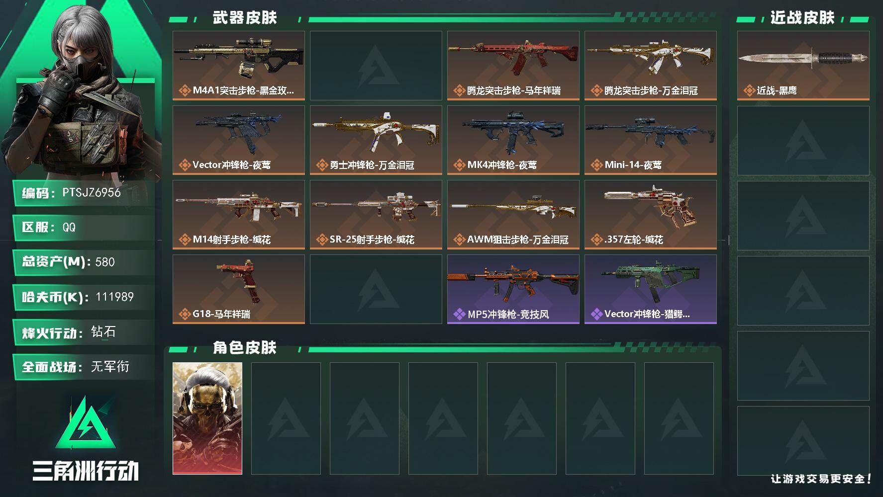 三角洲行动账号QQ【PTSJZ6956】总资产580M/哈夫币11198万/干员外观数1/传说枪皮数13/战场等级1/