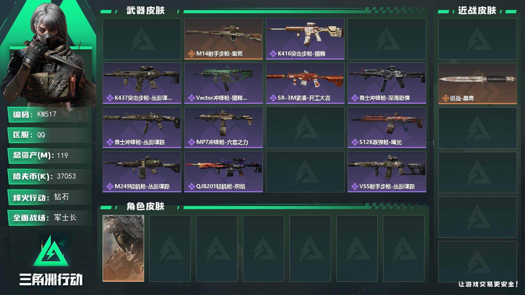 三角洲行动账号QQ【KW517】总资产119M/哈夫币3705万/传说近战数1/干员外观数1/传说枪皮数2/战场等级24/行动等级60/安全箱等时效性道具以游戏内数据为准，详情请看图/乌鲁鲁-荒原猎手/近战-坠星者/