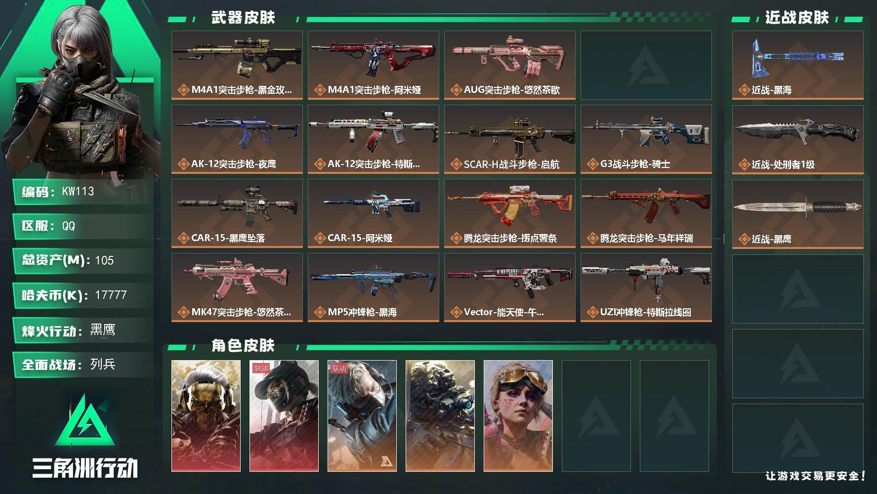 三角洲行动账号QQ【KW113】总资产105M/哈夫币1777万/传说近战数2/干员外观数5/传说枪皮数30/战场等级32/行动等级60/安全箱等时效性道具以游戏内数据为准，详情请看图/红狼-蚀金玫瑰/露娜-黑·天际