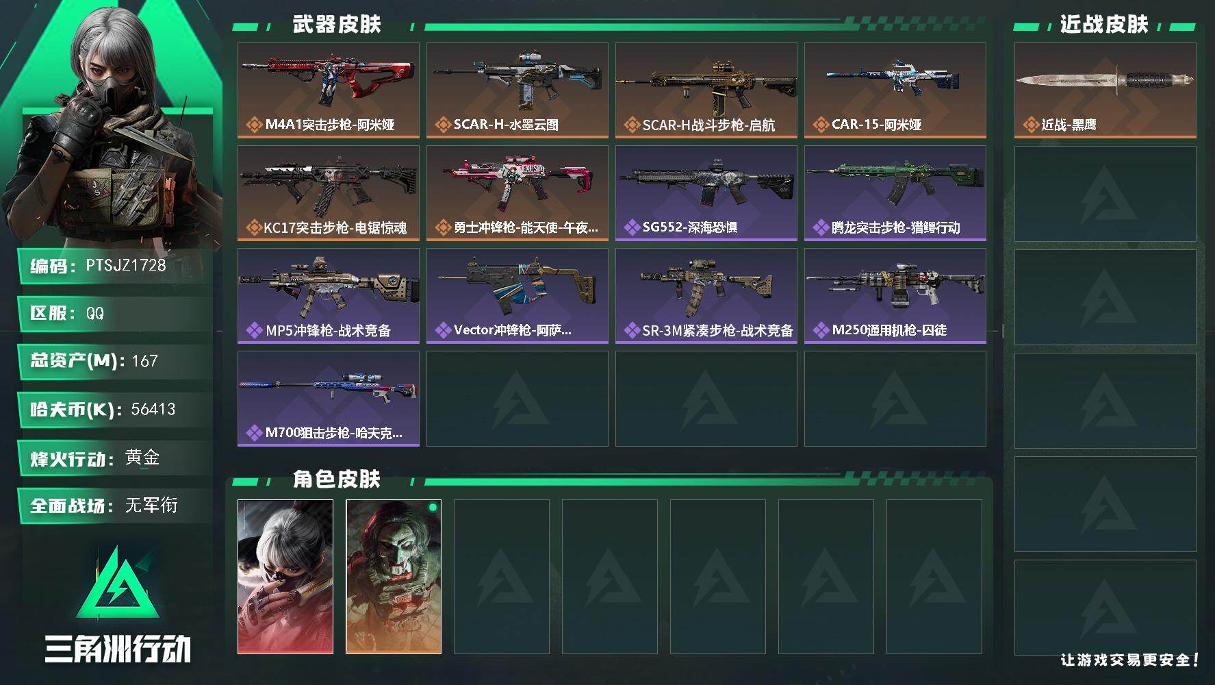 三角洲行动账号QQ【PTSJZ1728】总资产167M/哈夫币5641万/传说枪皮数6/战场等级5/行动等级60/安全
