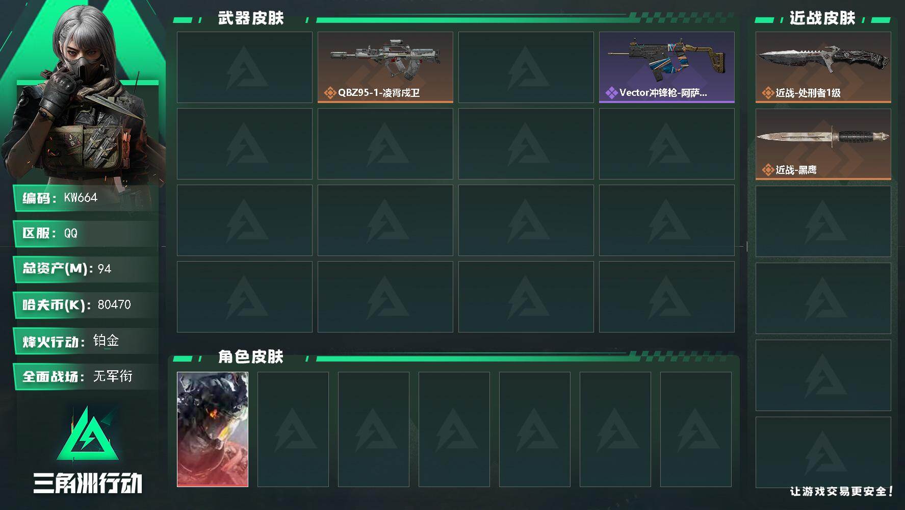 三角洲行动账号QQ【KW664】总资产94M/哈夫币8047万/传说近战数1/干员外观数1/传说枪皮数2/战场等级1/行动等级48/安全箱等时效性道具以游戏内数据为准，详情请看图/威龙-凌霄戍卫/近战-处刑者1级/近