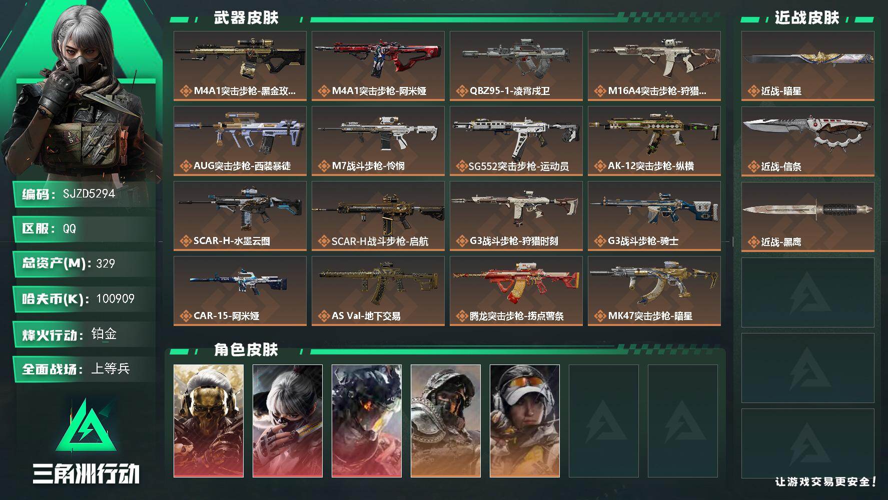 三角洲行动账号QQ【SJZD5294】总资产329M/哈夫币10090万/传说近战数2/干员外观数5/传说枪皮数35/战场等级39/行动等级60/安全箱等时效性道具以游戏内数据为准，详情请看图/红狼-蚀金玫瑰/骇爪-