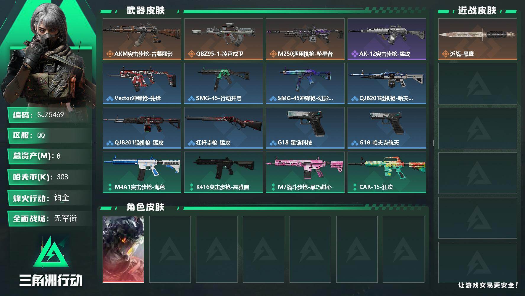 三角洲行动账号QQ【SJZ5469】总资产8M/哈夫币30万/干员外观数1/传说枪皮数3/战场等级1/行动等级45/安全箱等时效性道具以游戏内数据为准，详情请看图/威龙-凌霄戍卫/近战-黑鹰/AKM突击步枪-古墓丽影