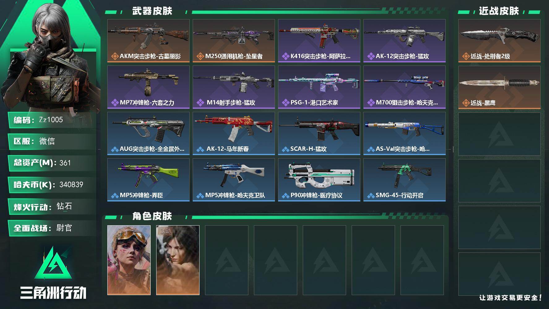 三角洲行动账号VX【Zz1005】361m总资产-340839k哈夫币-60烽火等级-钻石-49战场等级-尉官
【干员外观】：蛊-不羁人生，露娜-劳拉·克劳馥
【近战皮肤】：近战-处刑者2级，近战-黑鹰
【传说外观】