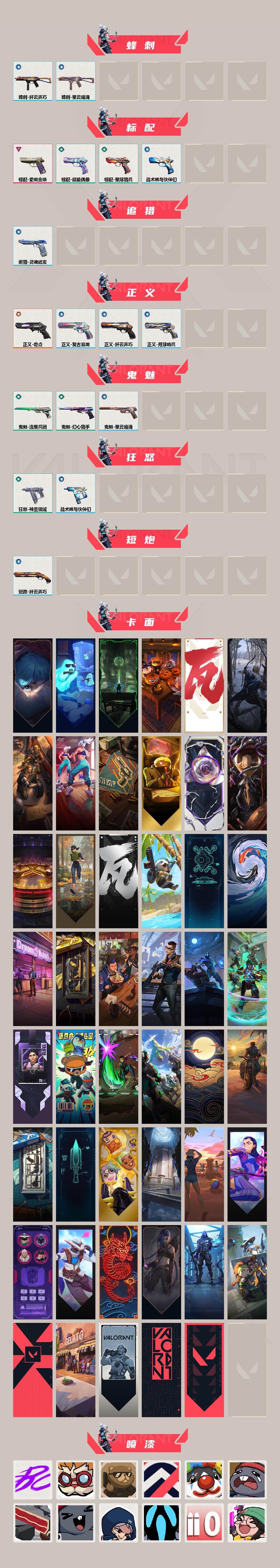 【英雄】：幻棱，炼狱，维斯，暮蝶，钛狐，壹决，铁臂，捷风，雷兹，幽影，不死鸟，贤者，猎枭，蝰蛇，零，芮娜，奇乐，尚勃勒，霓虹，斯凯，夜露，星礈，K/O，海神，盖可，黑梦，钢锁，禁灭，迷核
【近战武器