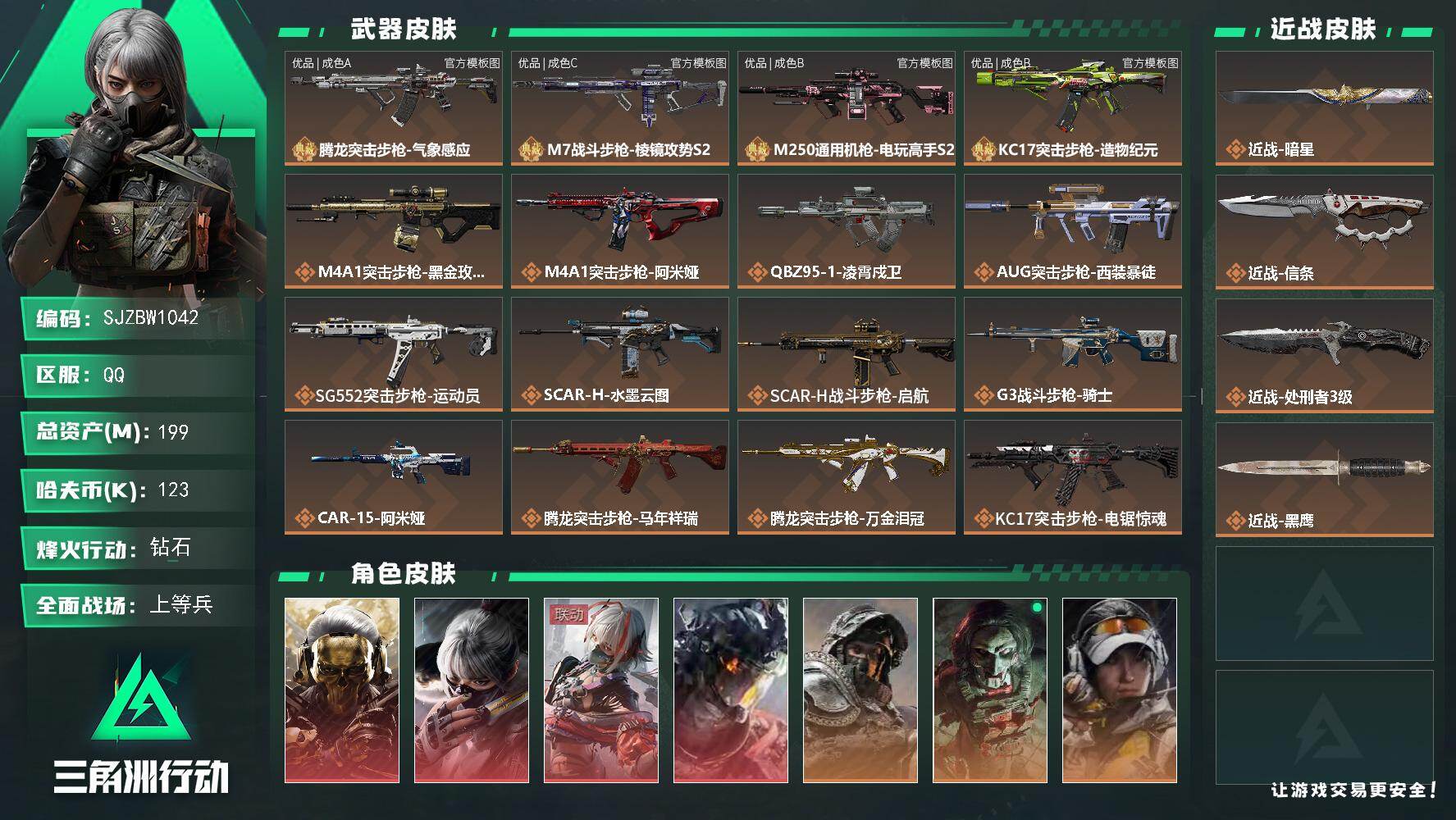 三角洲行动账号QQ【SJZBW1042】总资产199M/哈夫币12万/传说近战数3/干员外观数11/典藏外观数4/传说枪皮数31/战场等级22/行动等级60/安全箱等时效性道具以游戏内数据为准，详情请看图/红狼-蚀金