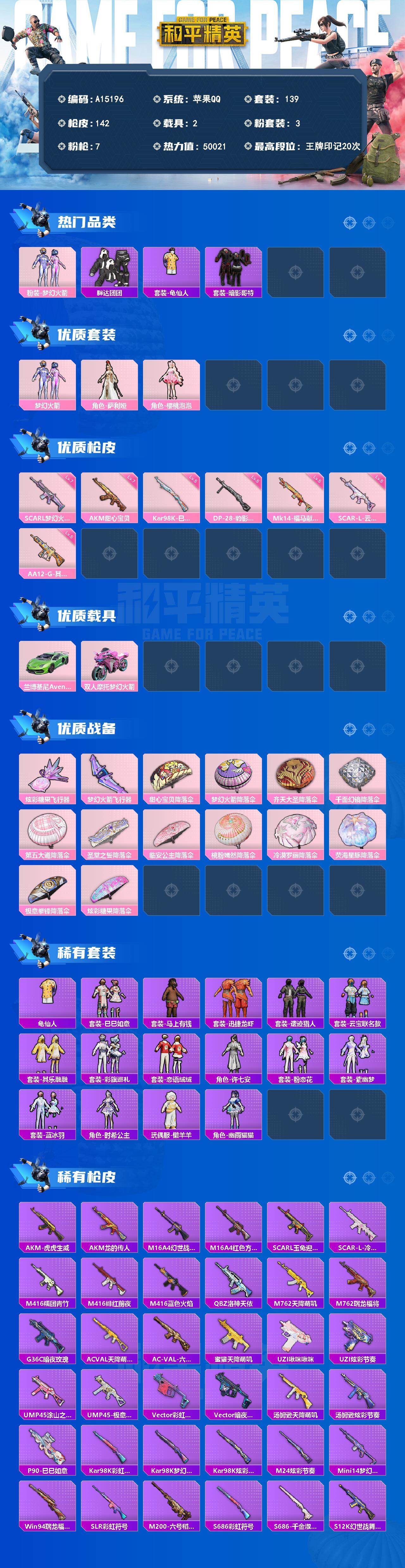 和平精英账号苹果QQ【A15196】139套装/枪械7/装备188/载具2/战备118/王牌印记20/热力值50021/五级AA12-G-其乐融融/七级AKM-甜心宝贝/七级SCAR-L-梦幻火箭/五级SCAR-L-云
