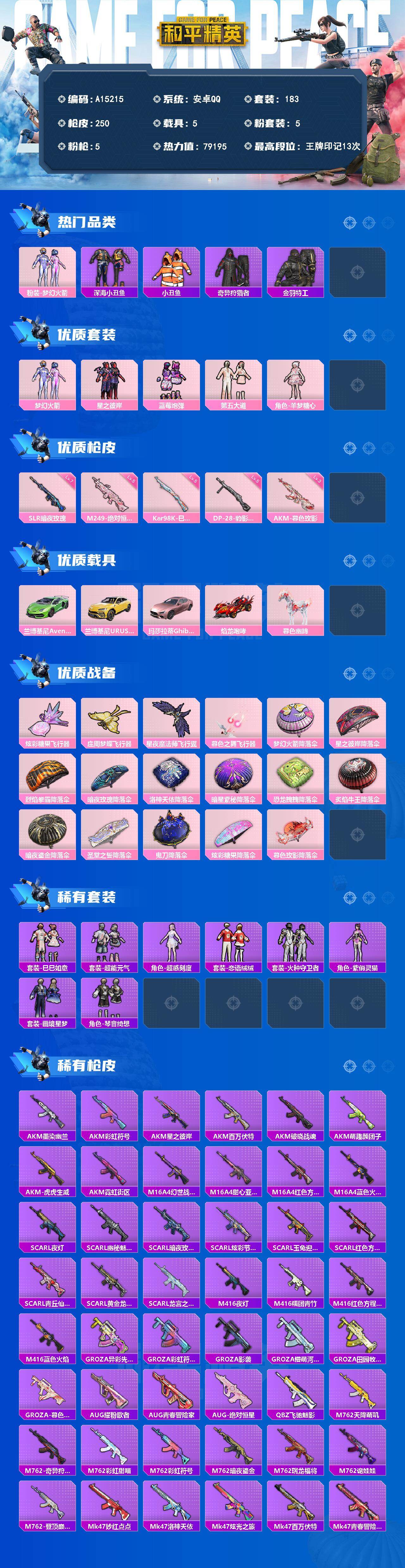 和平精英账号安卓QQ【A15215】183套装/枪械5/装备318/载具5/战备156/王牌印记13/热力值79195/三级AKM-暮色玫影/五级Kar98K-巳巳如意/七级SLR-暗夜玫瑰/五级M249-绝对恒星/五