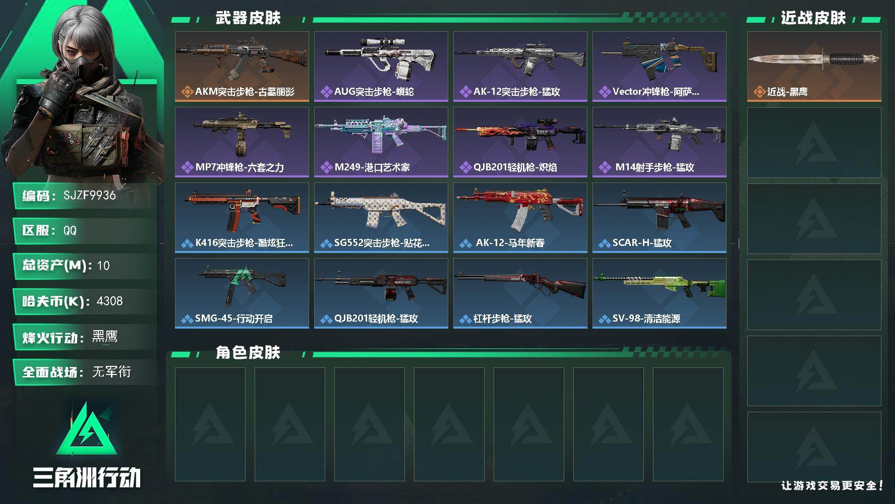 三角洲行动账号QQ【SJZF9936】总资产10M/哈夫币430万/传说枪皮数1/战场等级1/行动等级60/安全箱等时效性道具以游戏内数据为准，详情请看图/近战-黑鹰/AKM突击步枪-古墓丽影/QBZ95-1突击步枪