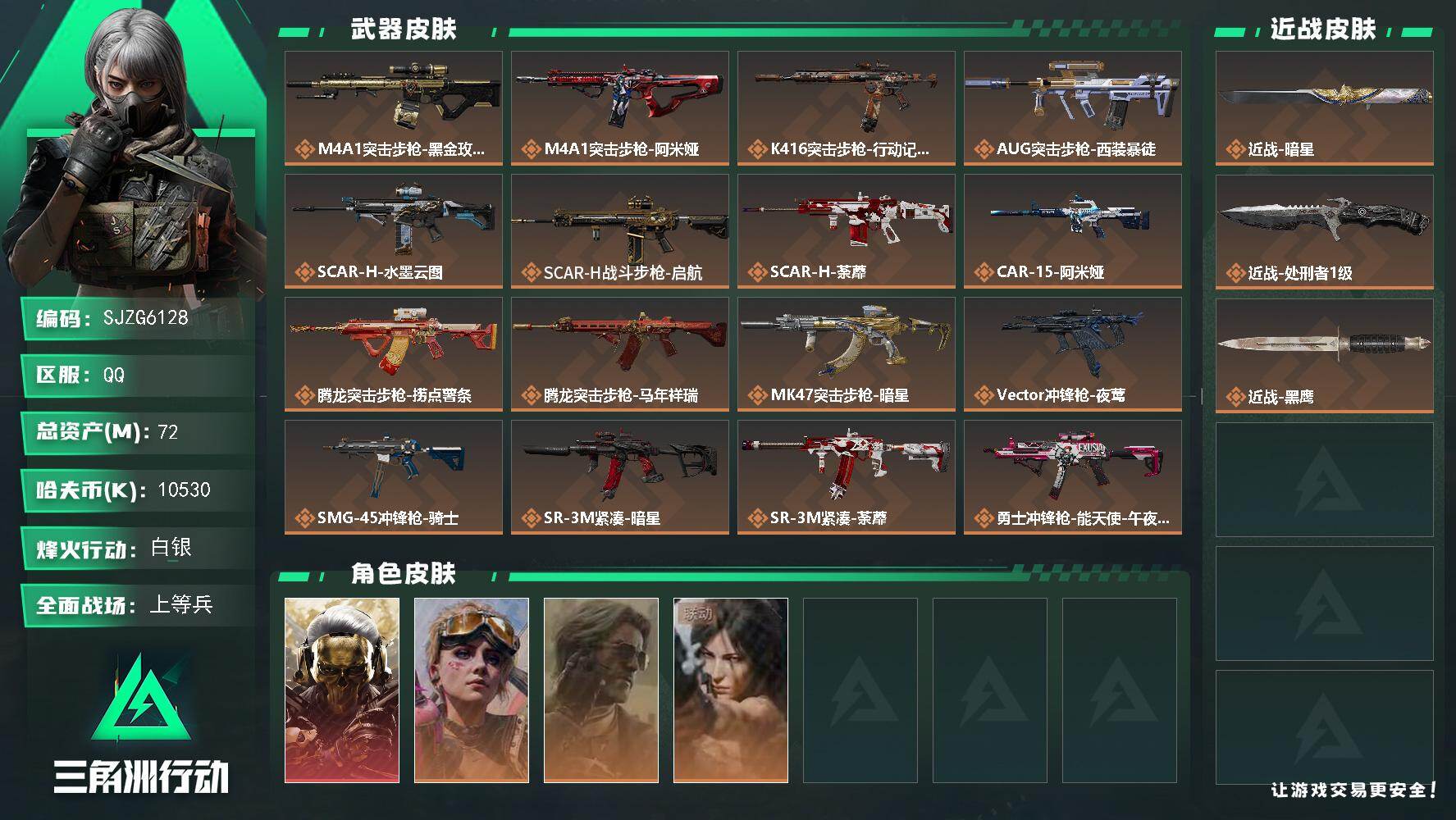 三角洲行动账号QQ【SJZG6128】总资产72M/哈夫币1053万/传说近战数2/干员外观数4/传说枪皮数29/战场等级42/行动等级60/安全箱等时效性道具以游戏内数据为准，详情请看图/红狼-蚀金玫瑰/蛊-不羁人