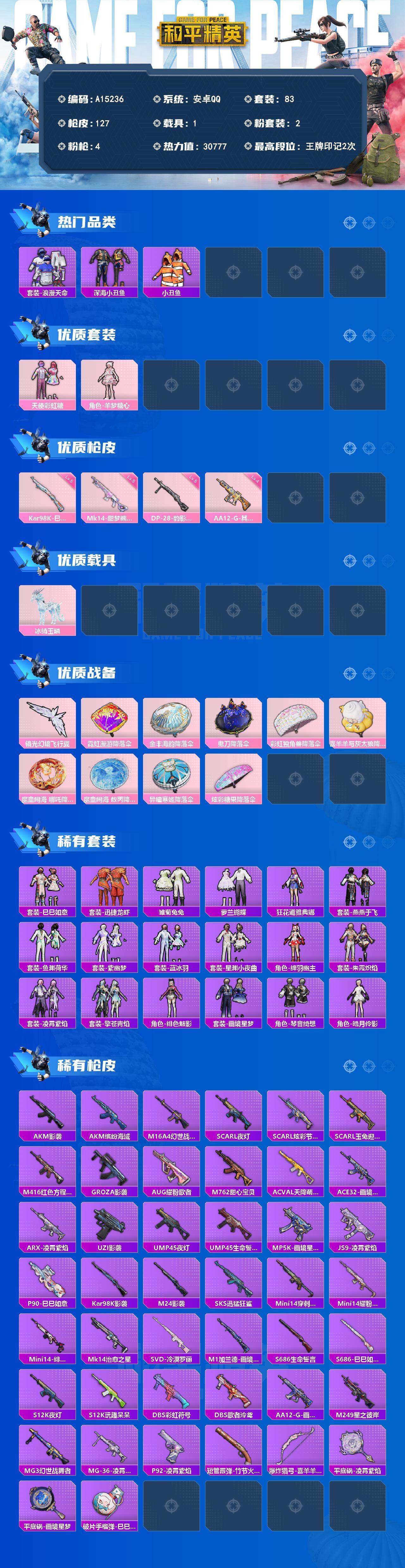 和平精英账号安卓QQ【A15236】83套装/枪械4/装备133/载具1/战备78/王牌印记2/热力值30777/四级AA12-G-其乐融融/五级Kar98K-巳巳如意/五级Mk14-甜梦熊击/五级DP-28-豹影疾电