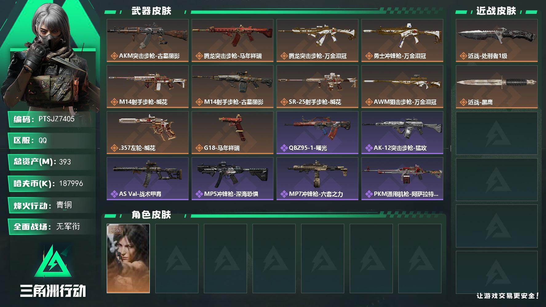 三角洲行动账号QQ【PTSJZ7405】总资产393M/哈夫币18799万/传说近战数1/干员外观数1/传说枪皮数10