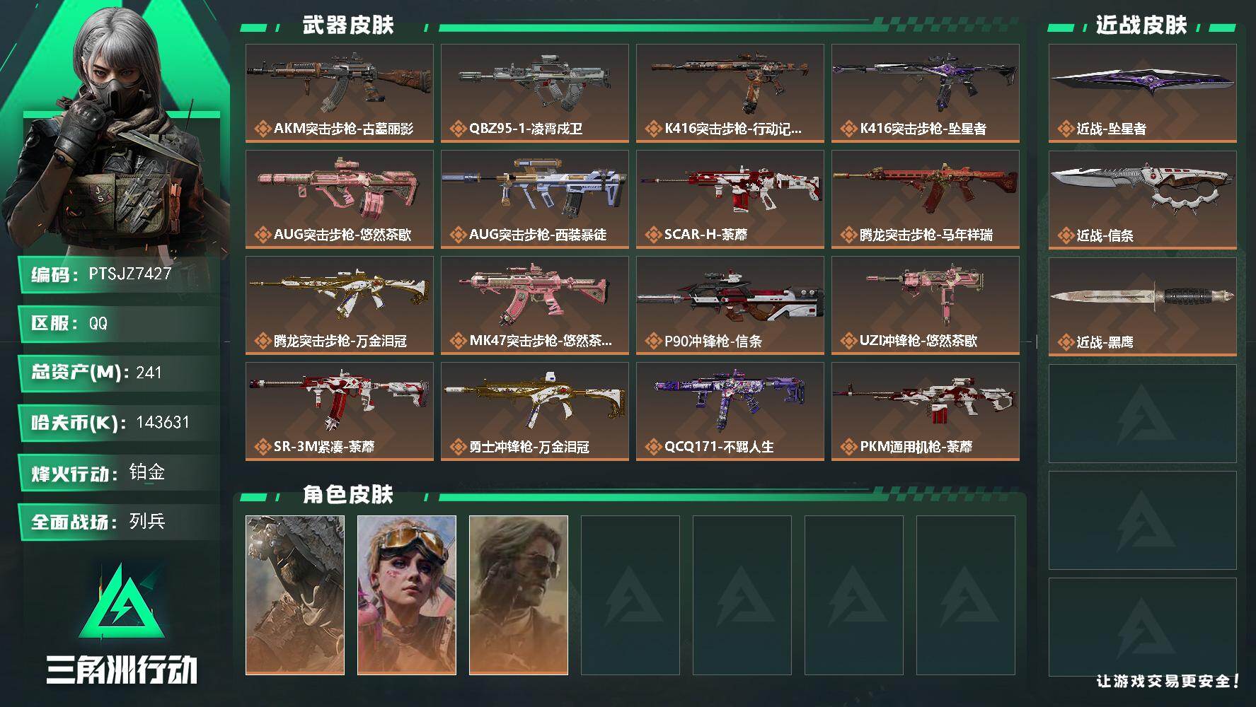三角洲行动账号QQ【PTSJZ7427】总资产241M/哈夫币14363万/传说近战数2/干员外观数3/传说枪皮数25