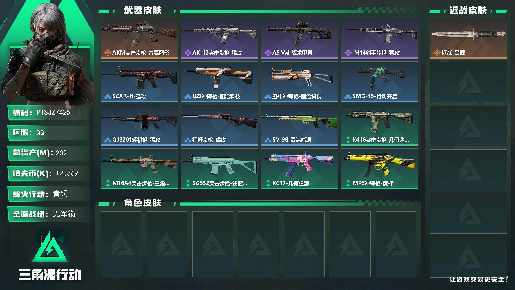 三角洲行动账号QQ【PTSJZ7425】总资产202M/哈夫币12336万/传说枪皮数1/战场等级1/行动等级60/安