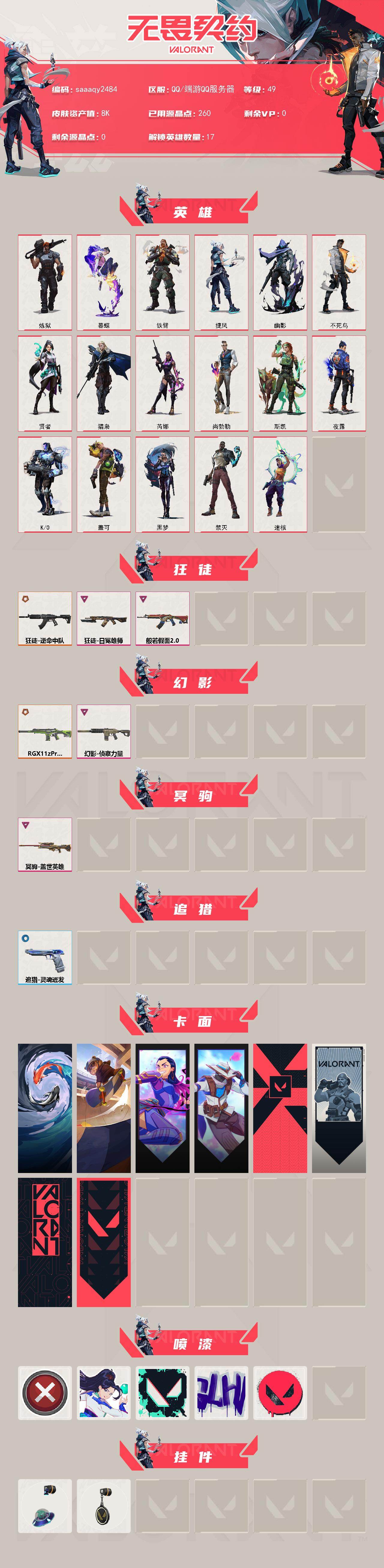 【英雄】：炼狱，暮蝶，铁臂，捷风，幽影，不死鸟，贤者，猎枭，芮娜，尚勃勒，斯凯，夜露，K/O，盖可，黑梦，禁灭，迷核
【狂徒】：狂徒-逆命中队，狂徒-般若假面//2.0，狂徒-日冕雄师
【幻影】：幻