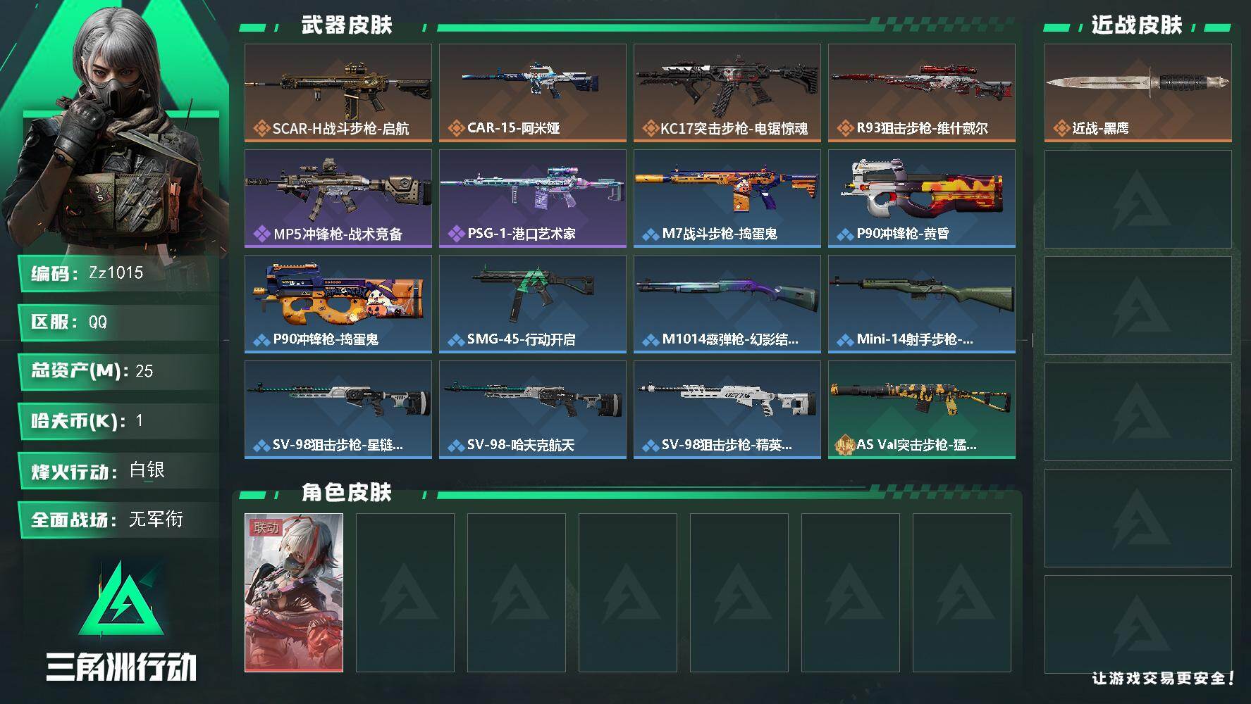 三角洲行动账号QQ【Zz1015】25m总资产-1k哈夫币-60烽火等级-白银-3战场等级-无军衔
【干员外观】：骇爪-维什戴尔
【近战皮肤】：近战-黑鹰
【传说外观】：SCAR-H战斗步枪-启航，CAR-15突击步