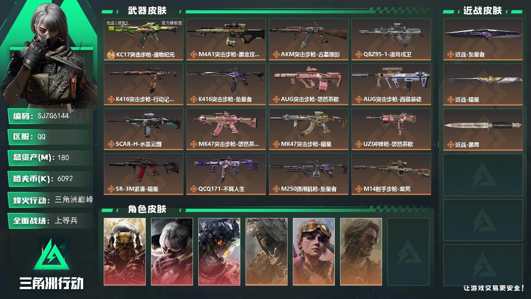 三角洲行动账号QQ【SJZG6144】总资产180M/哈夫币609万/传说近战数2/干员外观数6/典藏外观数1/传说枪皮数16/战场等级13/行动等级60/安全箱等时效性道具以游戏内数据为准，详情请看图/红狼-蚀金玫