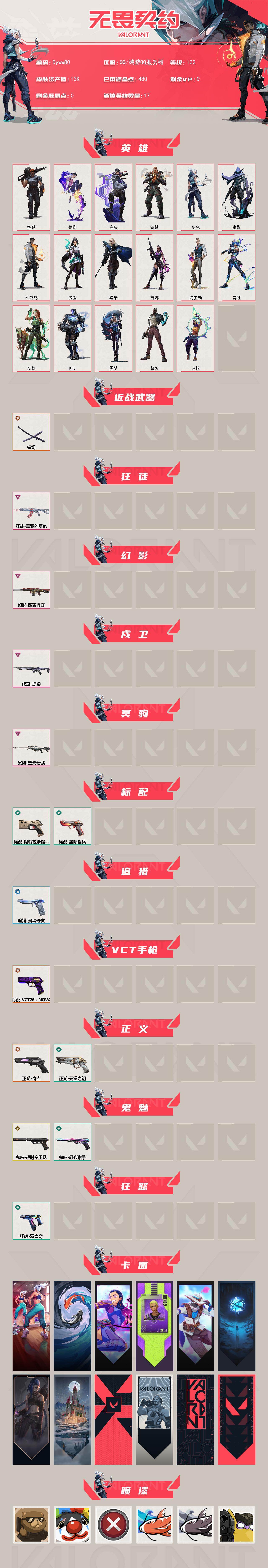 【Dyww80】LV等级132/皮肤总价值13910/段位铂金/总皮肤数量14/刀皮数量1/枪皮数量13/具体详情请看图/炼狱/暮蝶/壹决/铁臂/捷风/幽影/不死鸟/贤者/猎枭/芮娜/尚勃勒/霓虹/