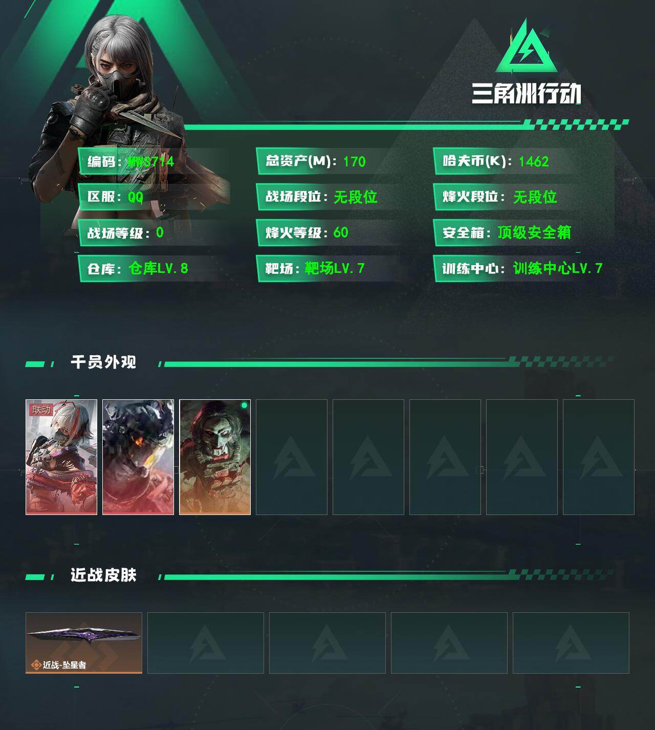 三角洲行动账号QQ【烽火60级 总资产170.3M 70发AP子弹 红狼电锯惊魂+凌霄戍卫+维什戴尔 部门全满 体7负