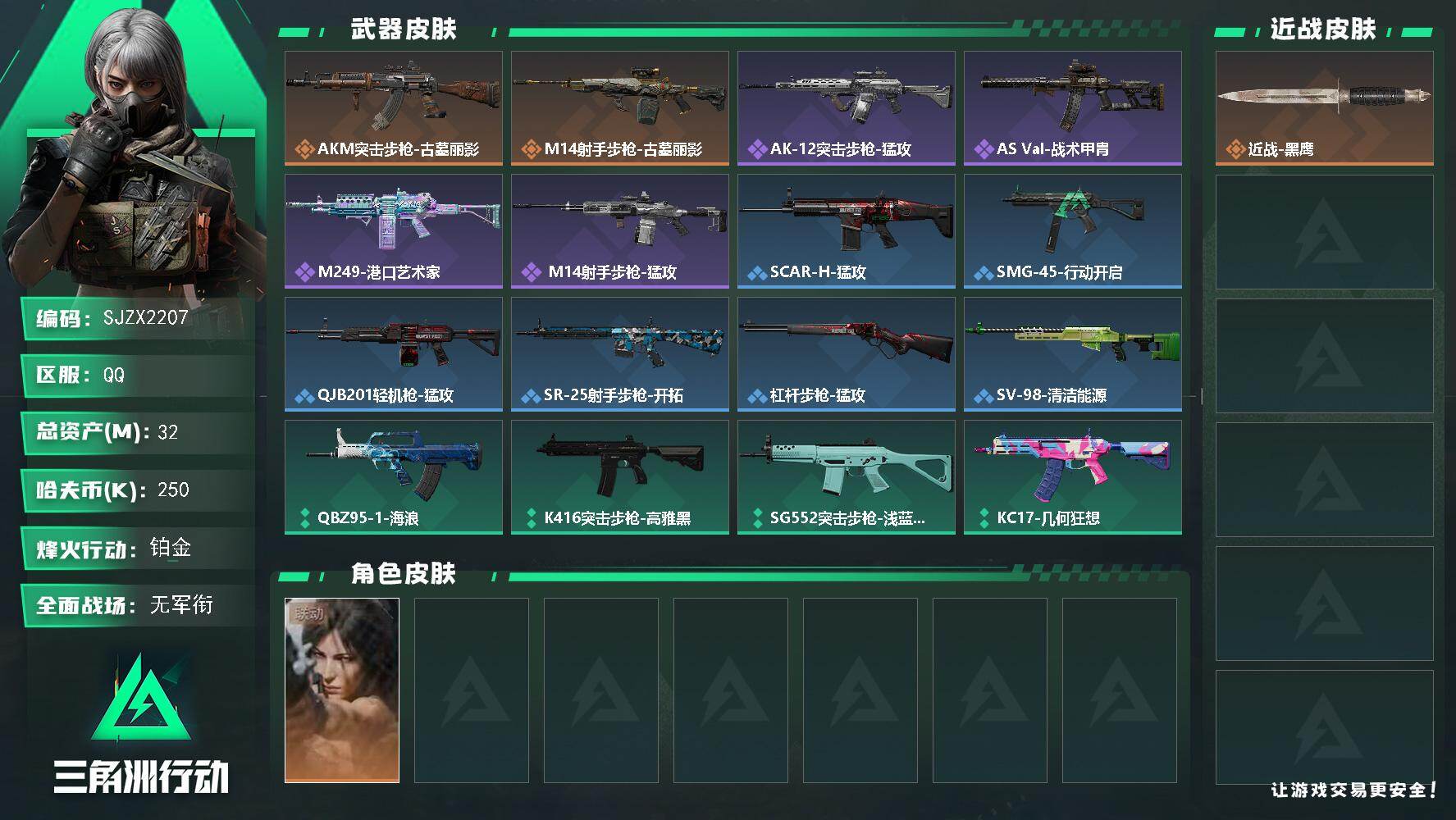三角洲行动账号QQ【SJZX2207】总资产32M/哈夫币25万/干员外观数1/传说枪皮数2/战场等级1/行动等级60/安全箱等时效性道具以游戏内数据为准，详情请看图/露娜-劳拉·克劳馥/近战-黑鹰/AKM突击步枪-