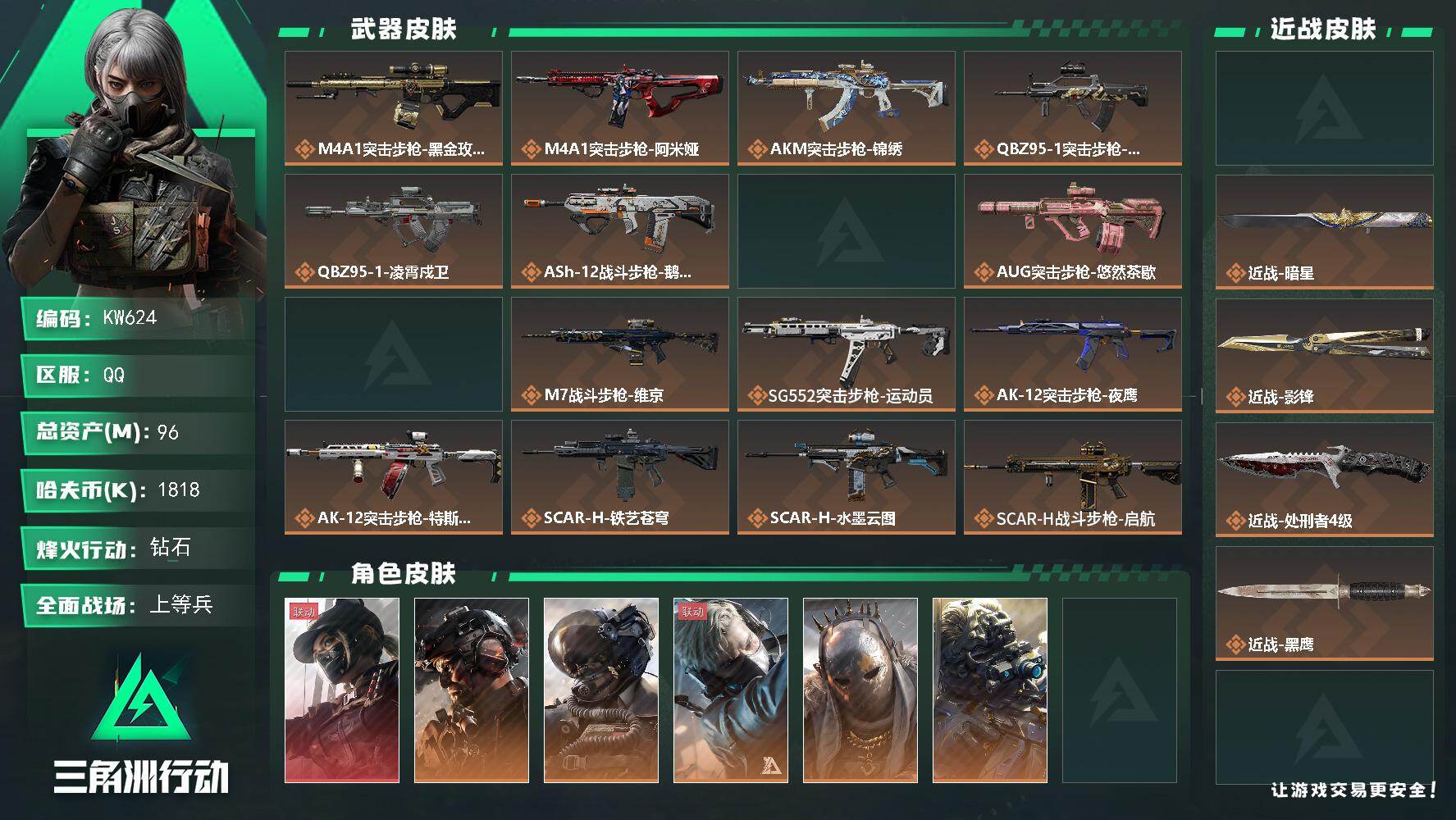三角洲行动账号QQ【KW624】总资产96M/哈夫币181万/传说近战数4/干员外观数12/传说枪皮数51/战场等级48/行动等级60/安全箱等时效性道具以游戏内数据为准，详情请看图/露娜-黑·天际线/威龙-铁面判官