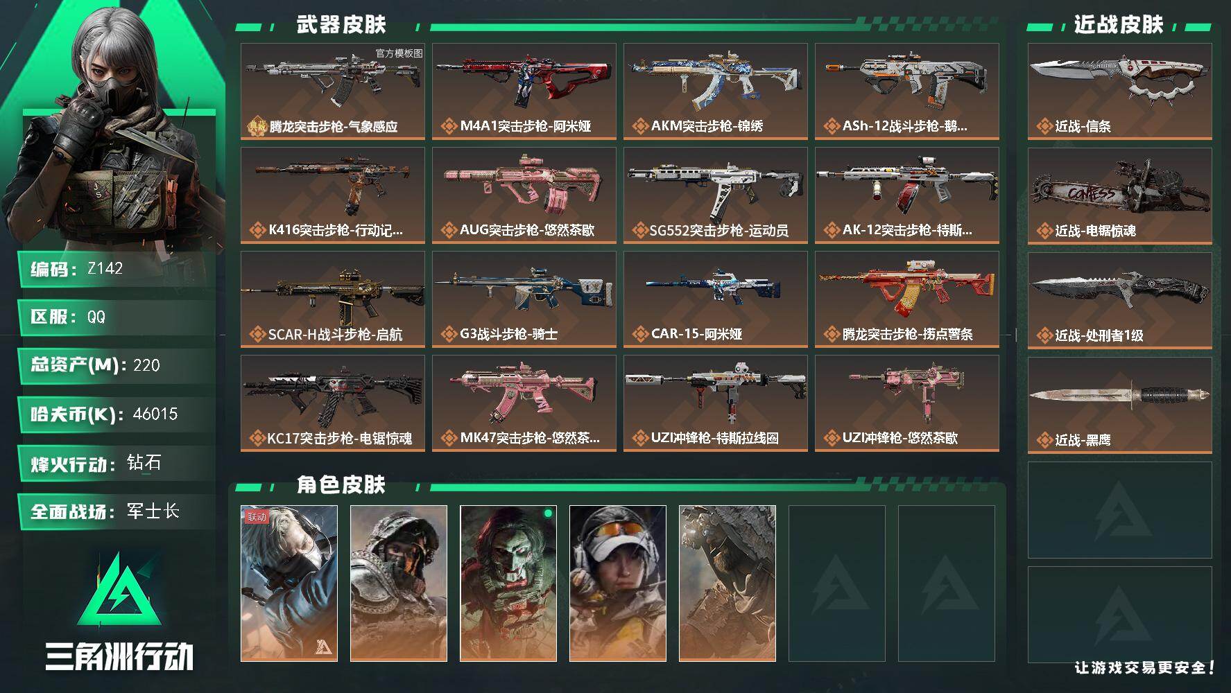 三角洲行动账号QQ【Z142】总资产220M/哈夫币4601万/传说近战数3/干员外观数5/典藏外观数1/传说枪皮数31/战场等级50/行动等级60/安全箱等时效性道具以游戏内数据为准，详情请看图/蜂医-送葬人·无题