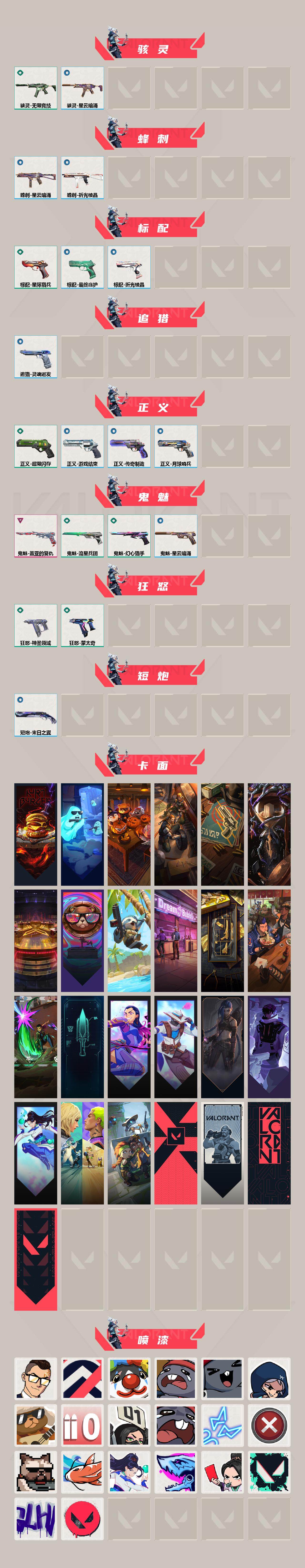 【英雄】：幻棱，炼狱，维斯，暮蝶，钛狐，壹决，铁臂，捷风，雷兹，幽影，不死鸟，贤者，猎枭，蝰蛇，零，芮娜，奇乐，尚勃勒，霓虹，斯凯，夜露，星礈，K/O，海神，盖可，黑梦，钢锁，禁灭，迷核
【近战武器