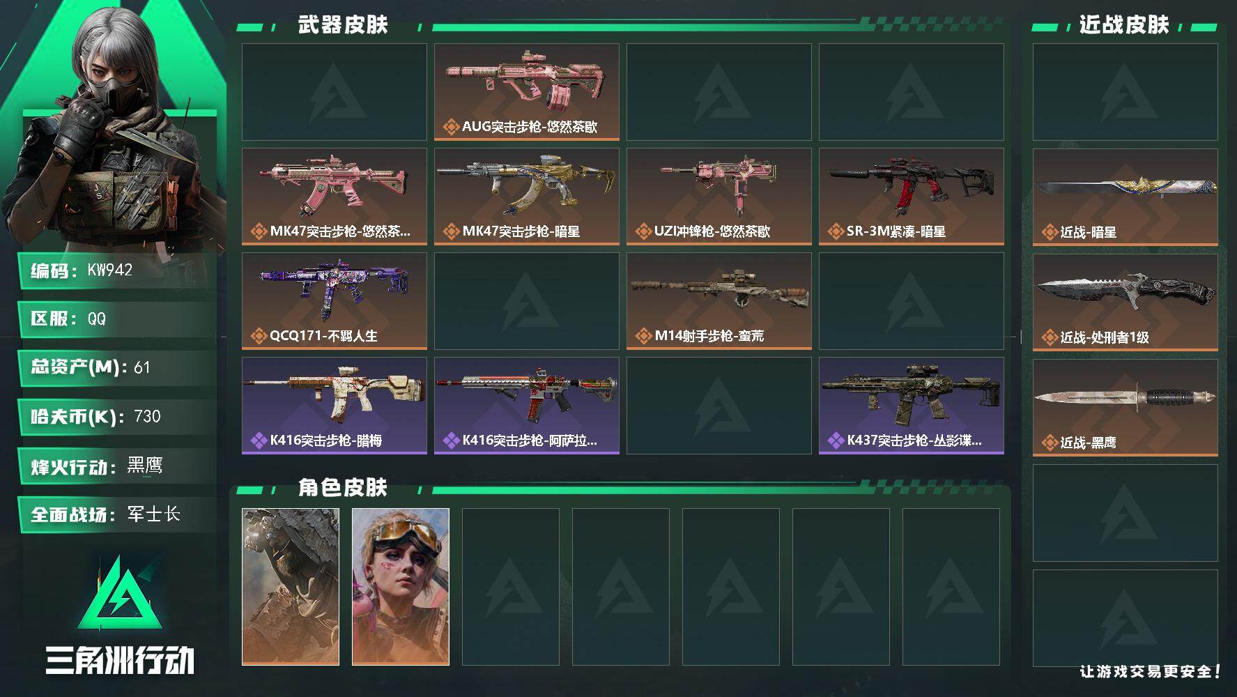 三角洲行动账号QQ【KW942】总资产61M/哈夫币73万/传说近战数3/干员外观数3/传说枪皮数12/战场等级31/行动等级60/安全箱等时效性道具以游戏内数据为准，详情请看图/乌鲁鲁-荒原猎手/蛊-不羁人生/露娜