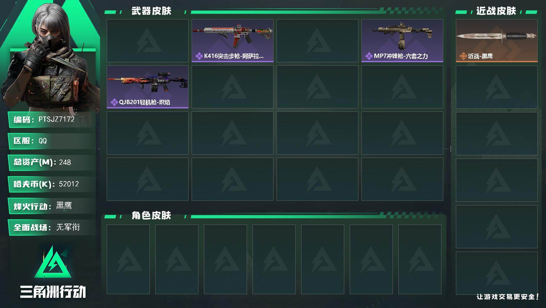 三角洲行动账号QQ【PTSJZ7172】总资产248M/哈夫币5201万/传说枪皮数1/战场等级5/行动等级60/安全