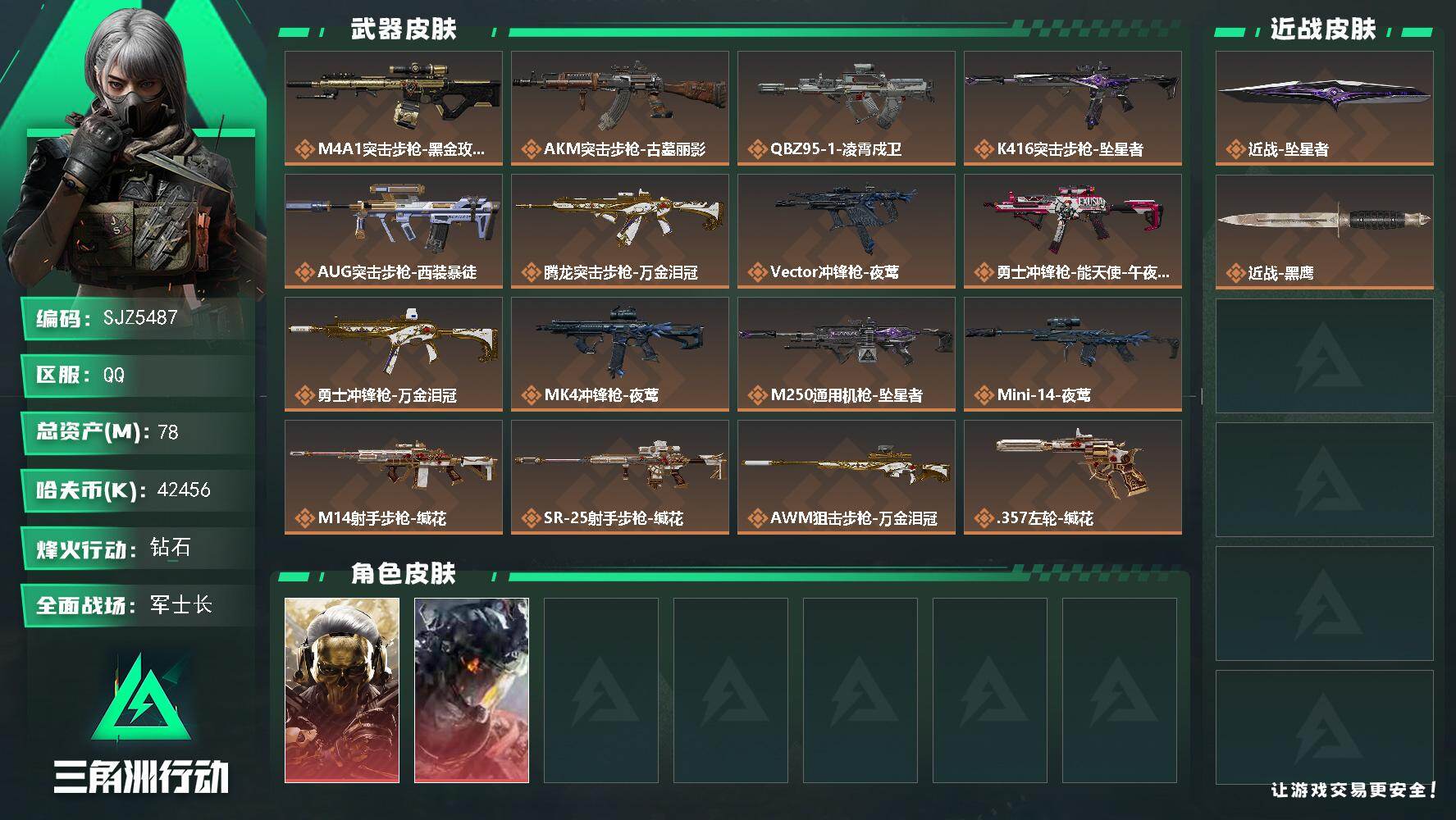 三角洲行动账号QQ【SJZ5487】总资产78M/哈夫币4245万/传说近战数1/干员外观数2/传说枪皮数16/战场等级16/行动等级60/安全箱等时效性道具以游戏内数据为准，详情请看图/红狼-蚀金玫瑰/威龙-凌霄戍
